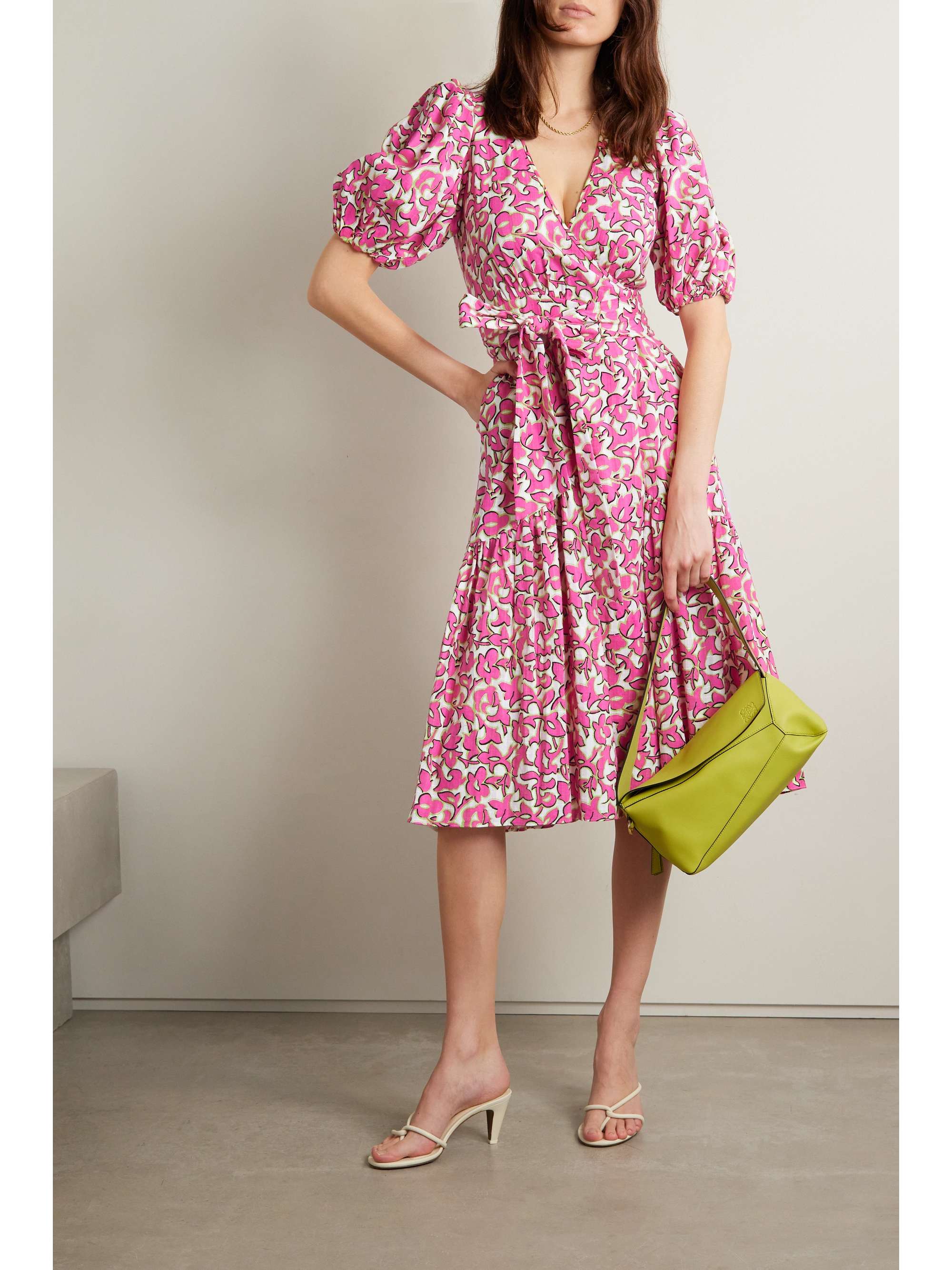 Pink Elektra tiered printed cotton midi wrap dress | DIANE VON FURSTENBERG  | NET-A-PORTER