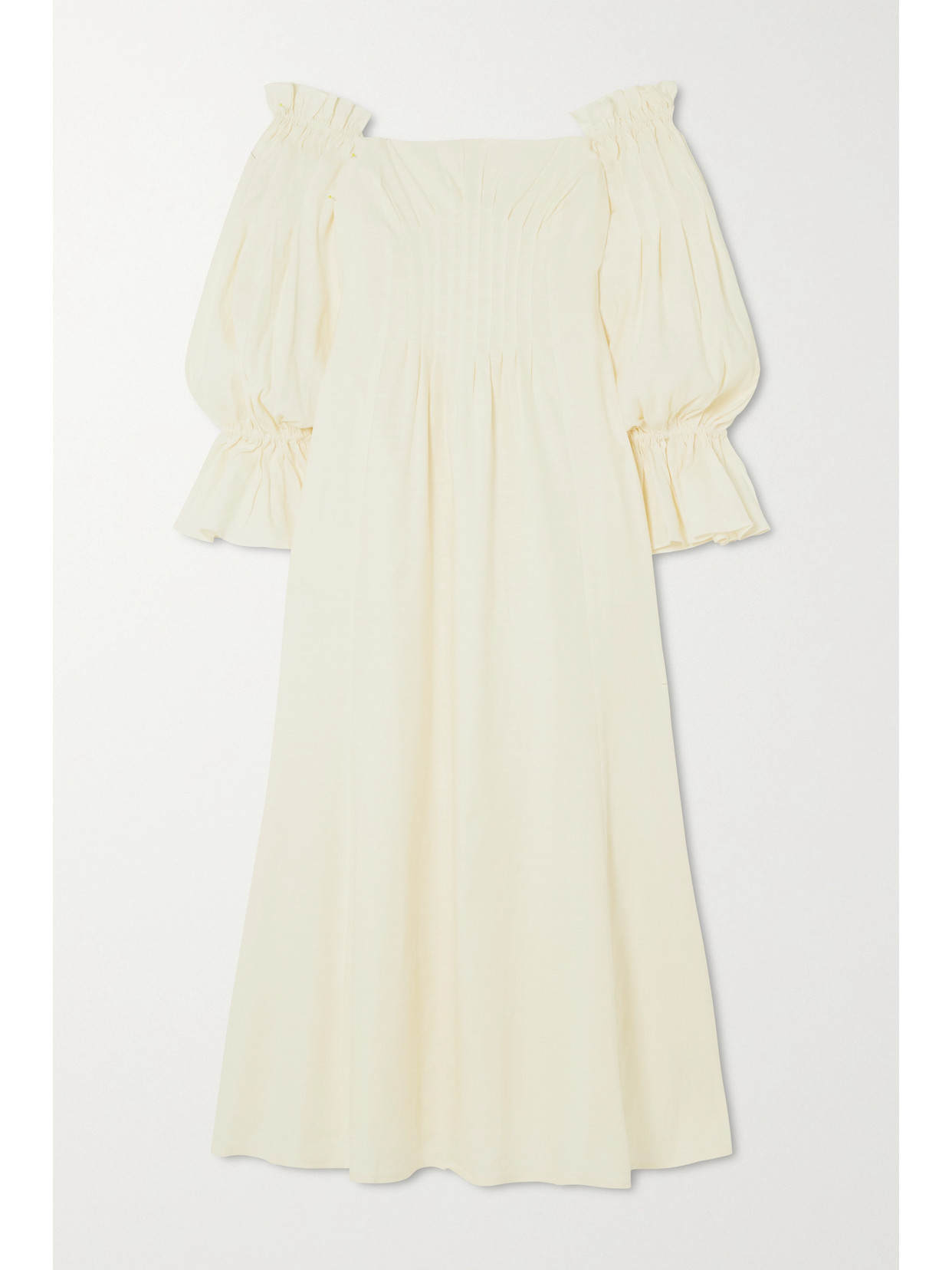 CULT GAIA IDA OFF-THE-SHOULDER RUFFLED LINEN-BLEND MIDI DRESS
