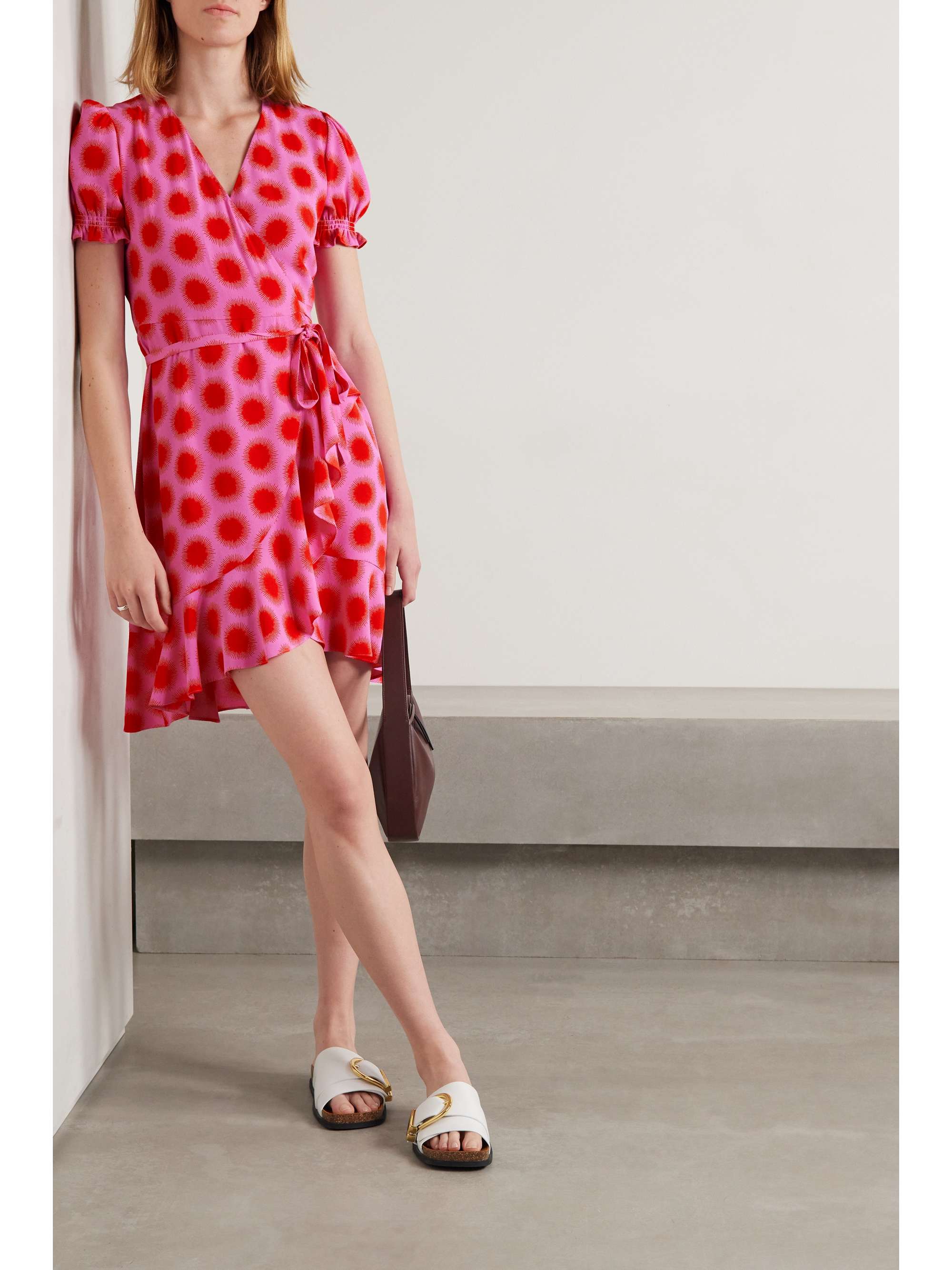 printed crepe mini wrap dress 