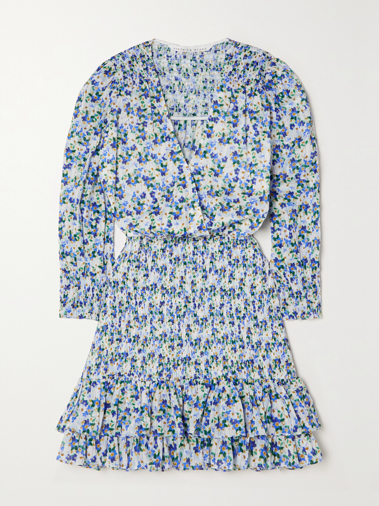 Veronica Beard Darrah Smocked Floral-print Cotton-voile Mini Dress In Blue