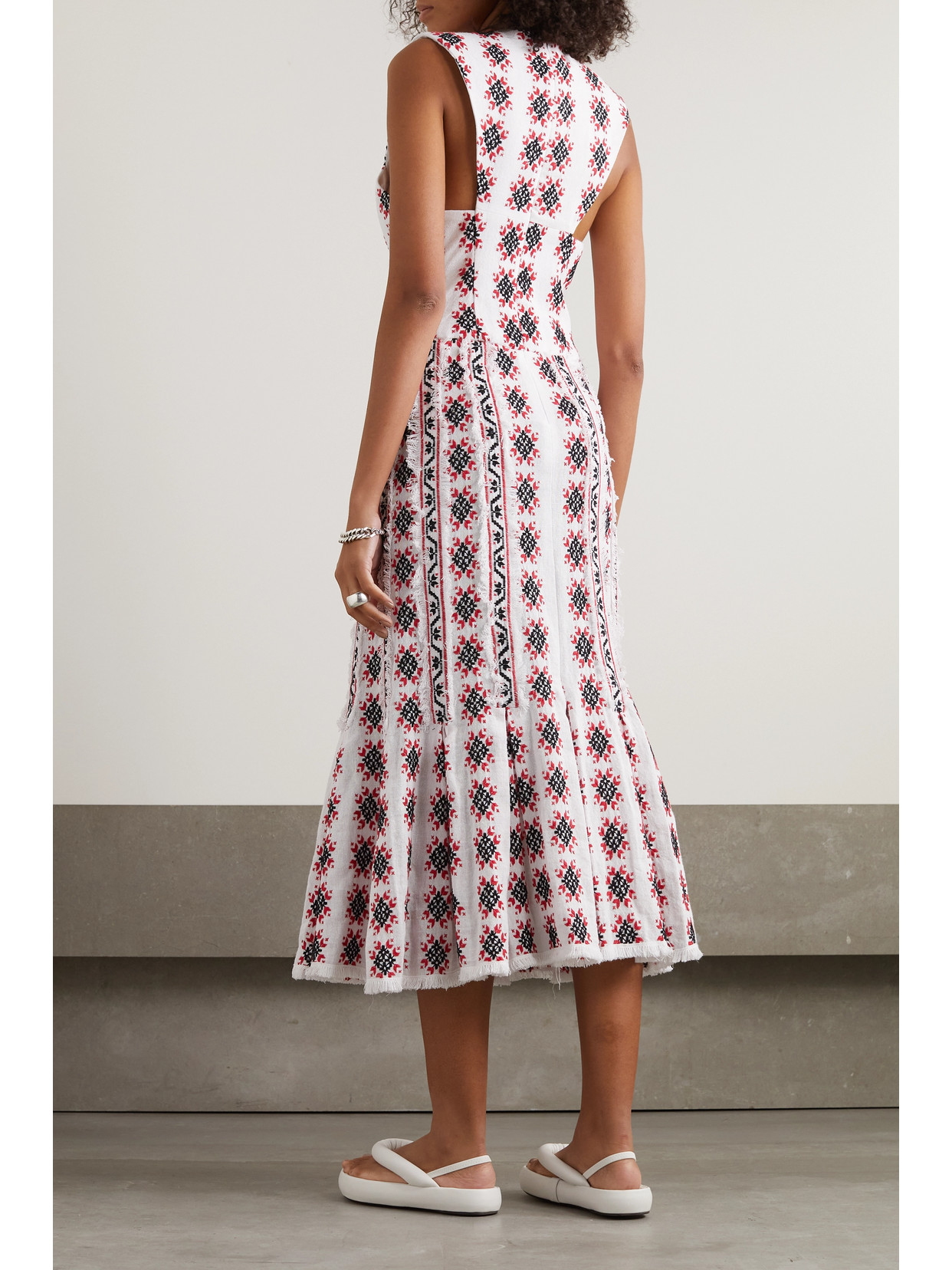 Rue Mariscal Frayed Tiered Embroidered Cotton-gauze Midi Dress In Red