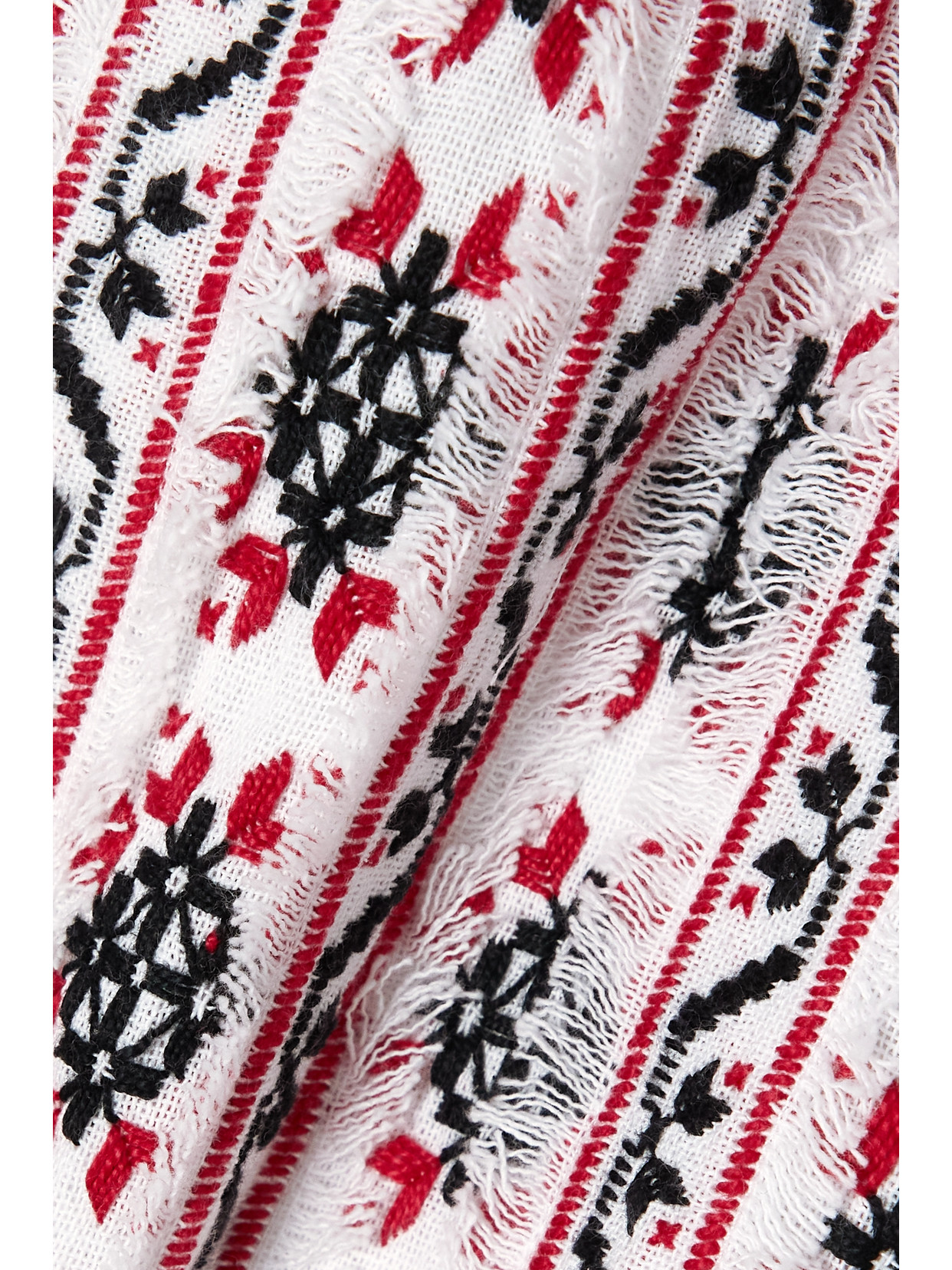 Rue Mariscal Frayed Tiered Embroidered Cotton-gauze Midi Dress In Red