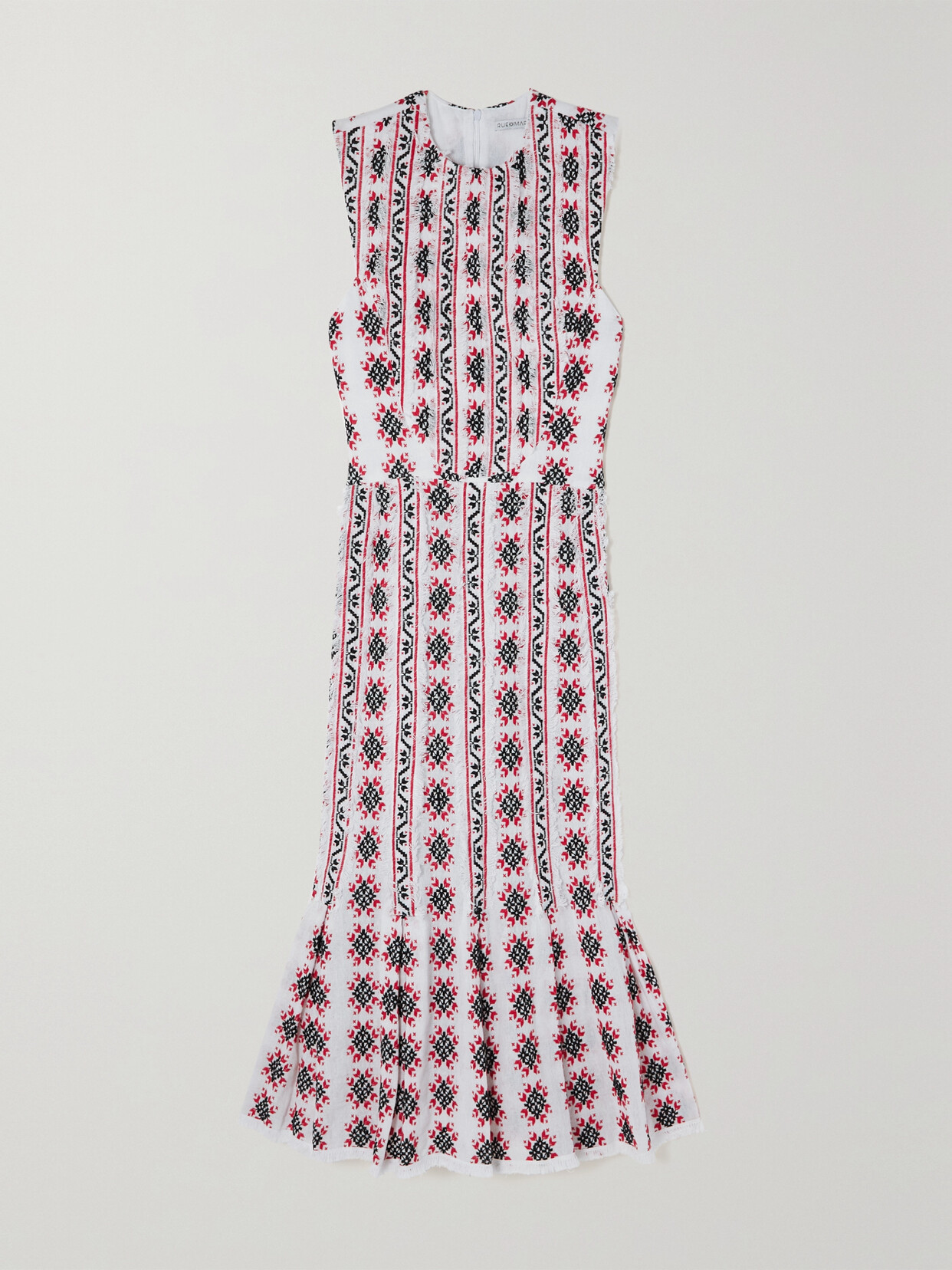 Rue Mariscal Frayed Tiered Embroidered Cotton-gauze Midi Dress In Red