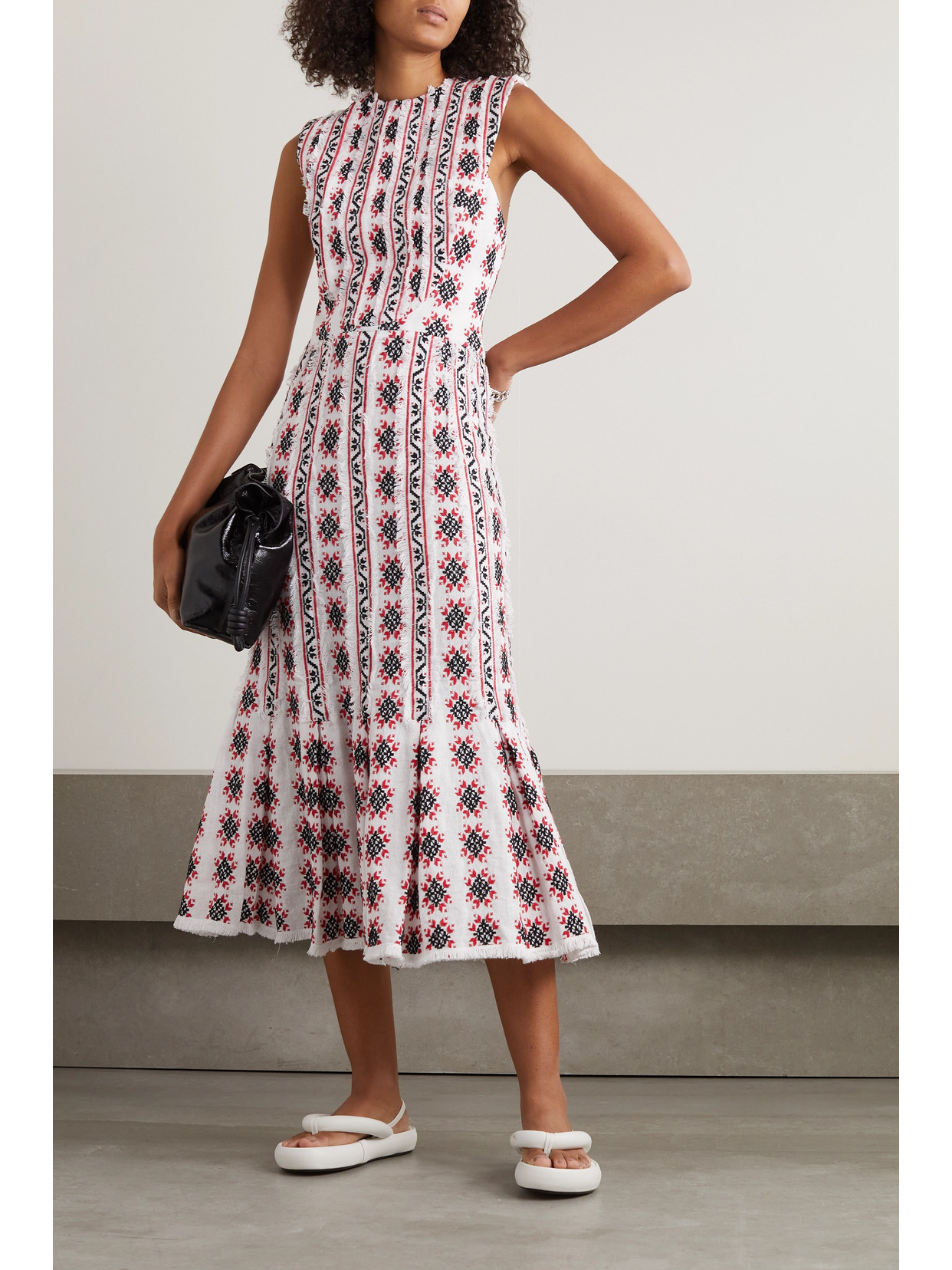 Rue Mariscal Frayed Tiered Embroidered Cotton-gauze Midi Dress In Red