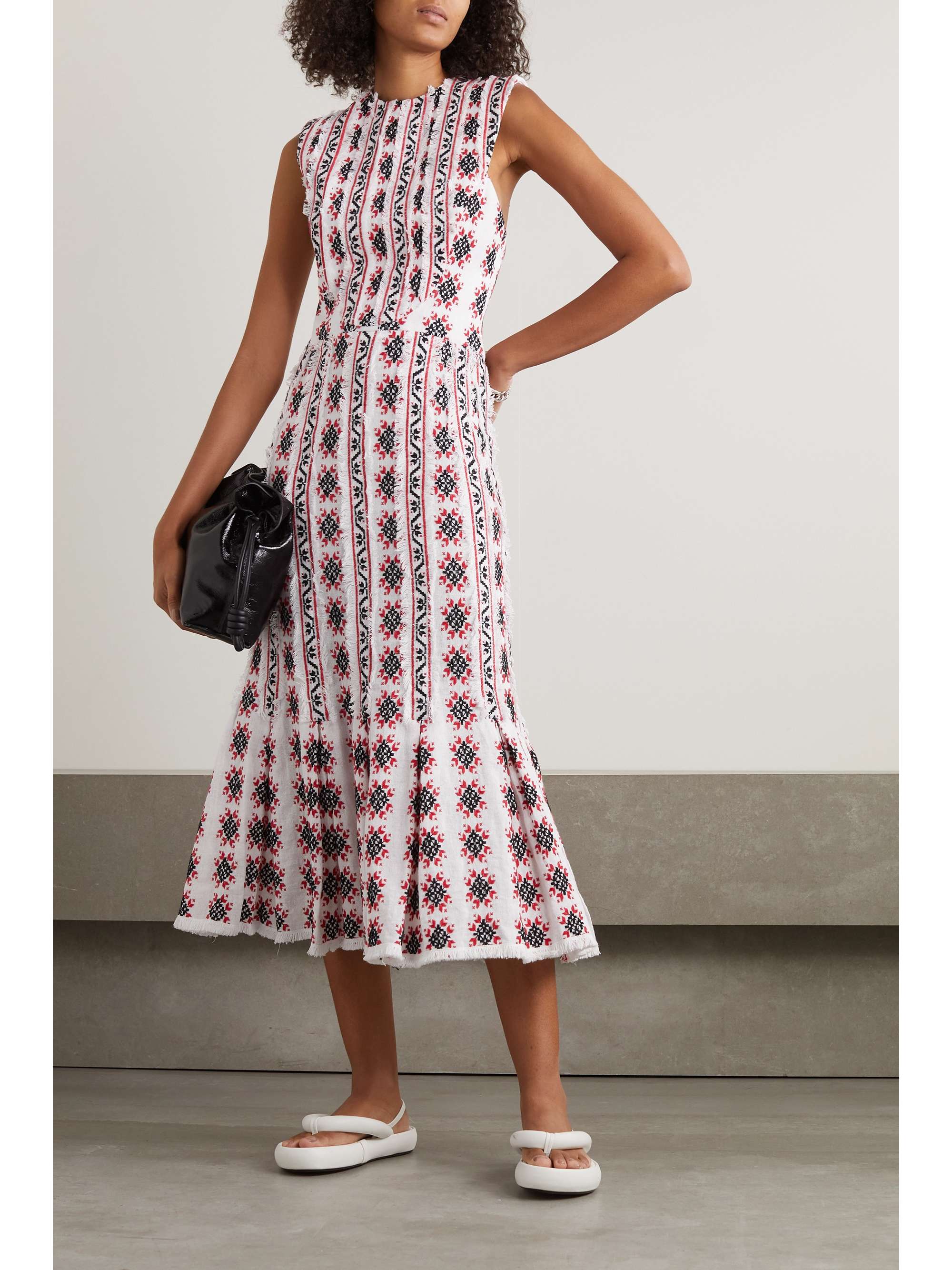 RUE MARISCAL Frayed tiered embroidered cotton-gauze midi dress