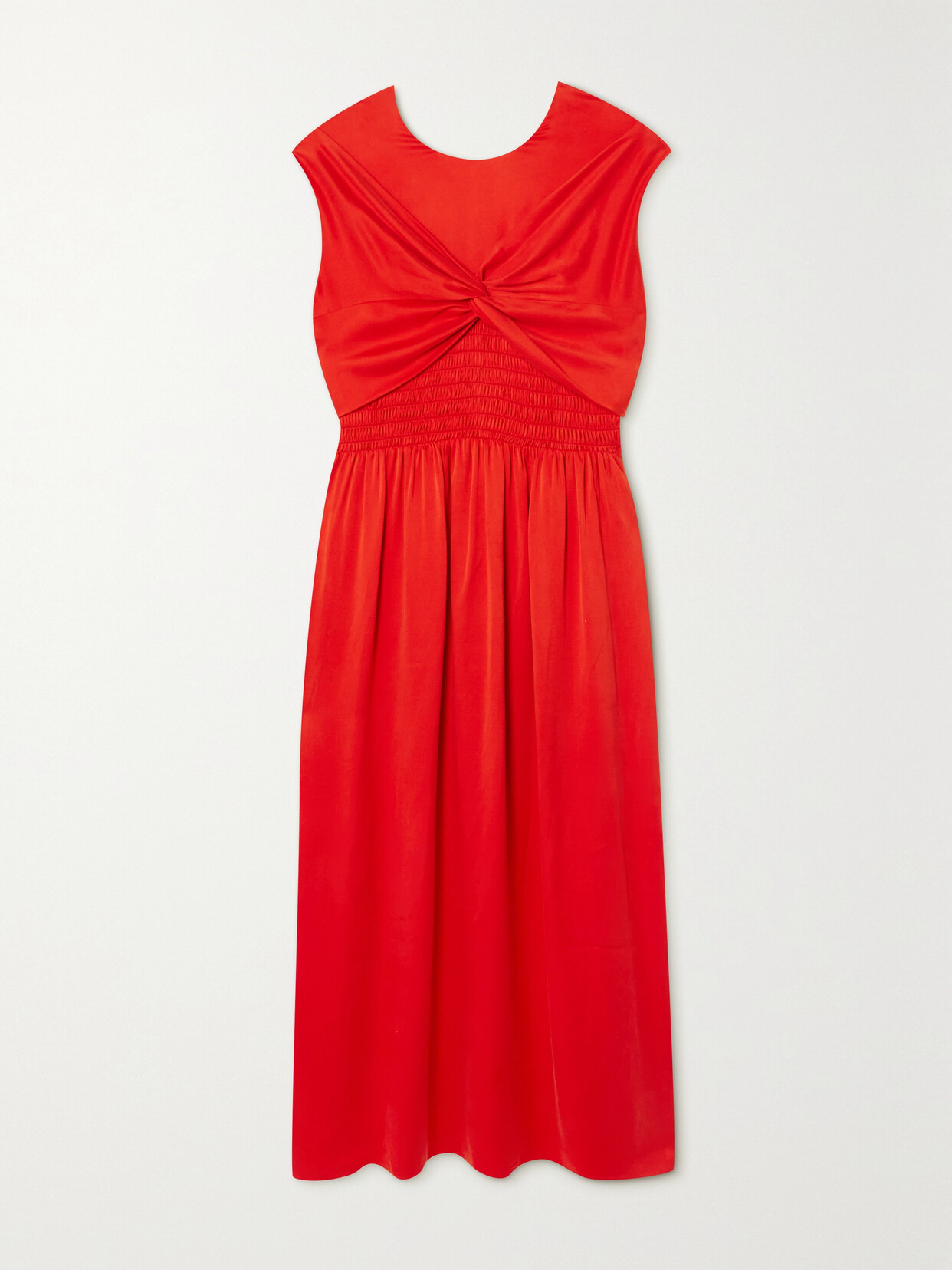 Shop Tove Mahaney Gathered Smocked Silk Midi Dress In Red