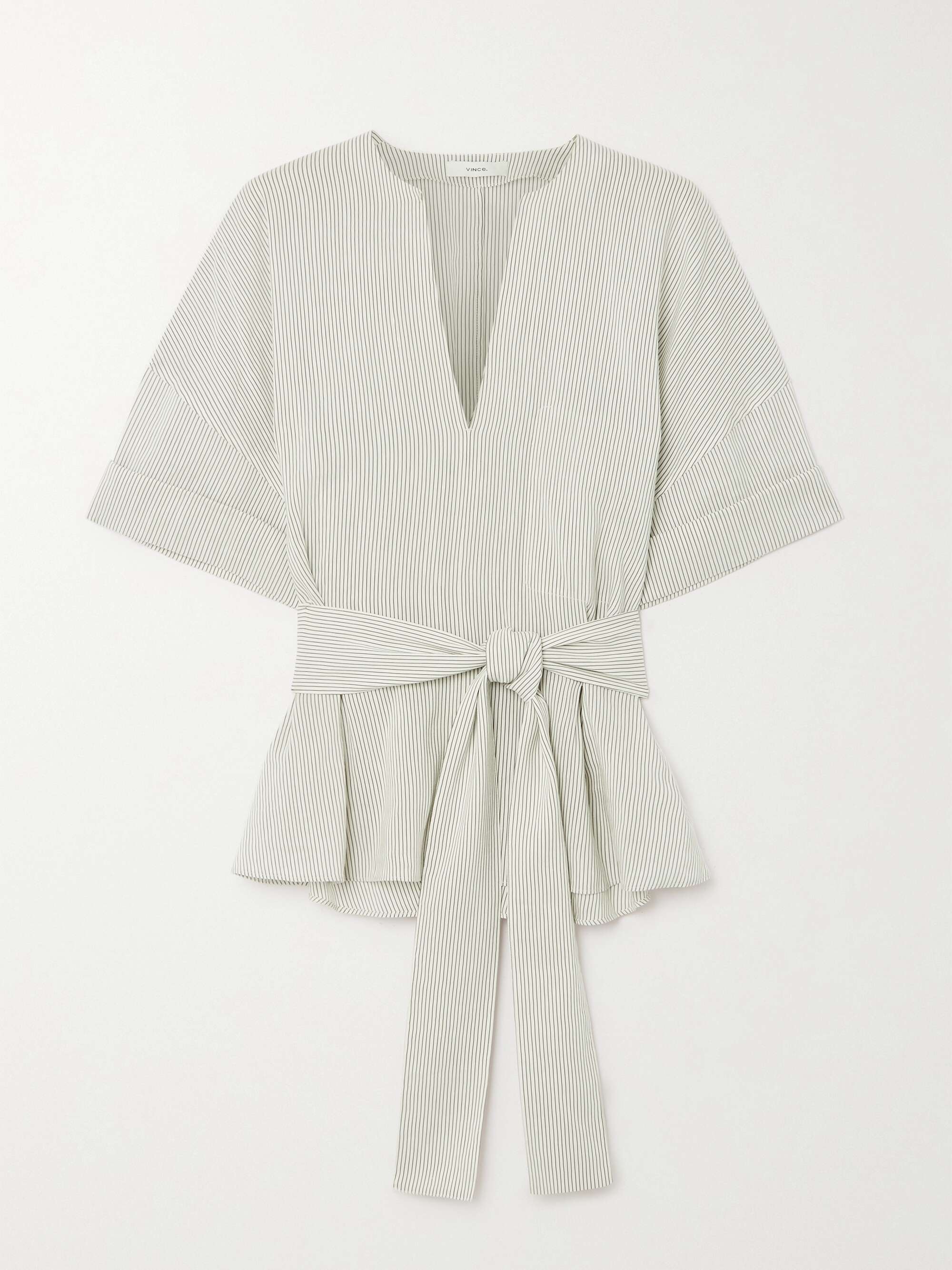 White Belted striped linen-blend blouse 