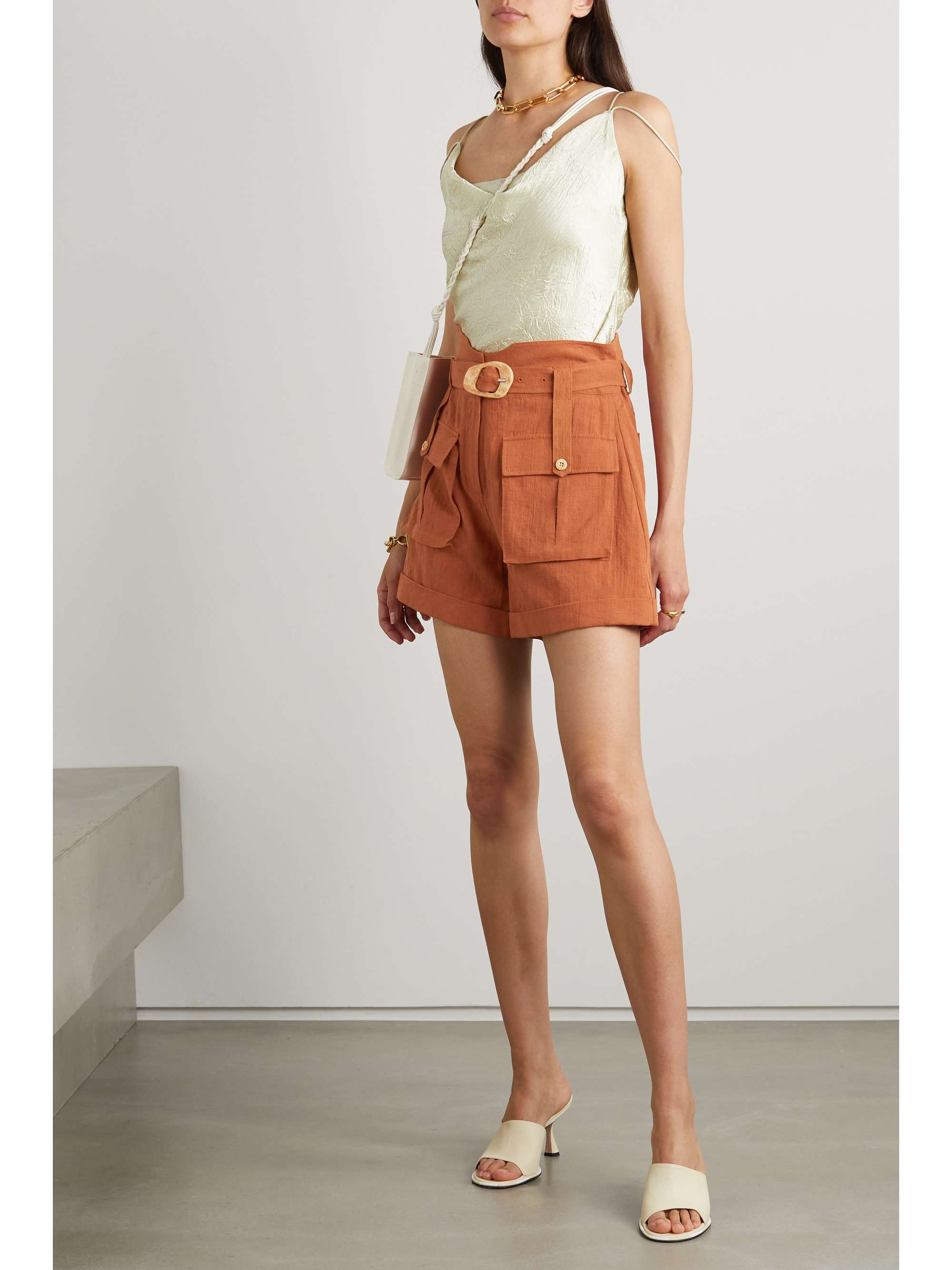 SIMKHAI Rami belted cotton and linen-blend jacquard shorts
