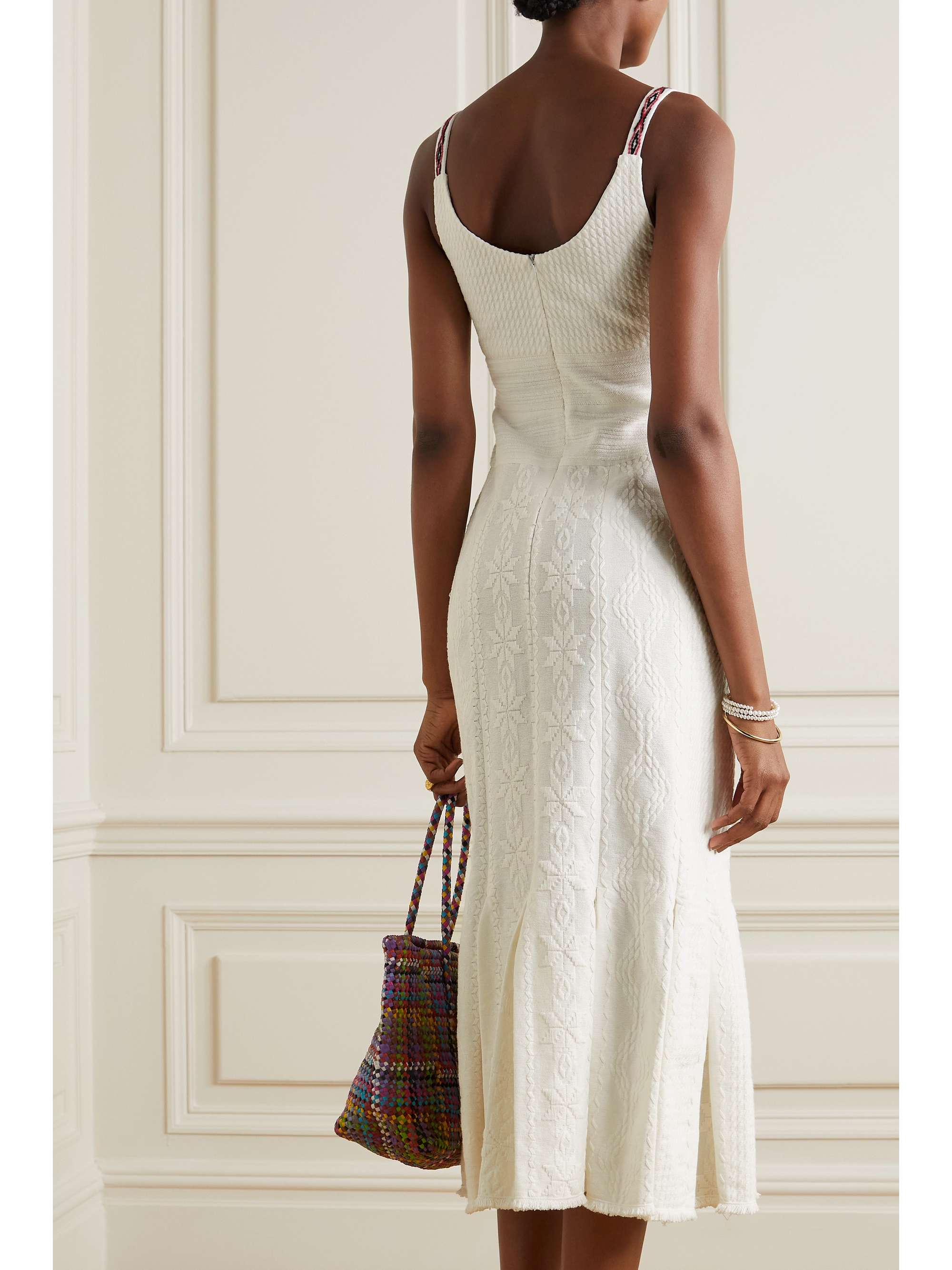 RUE MARISCAL Frayed pleated embroidered cotton-voile midi dress