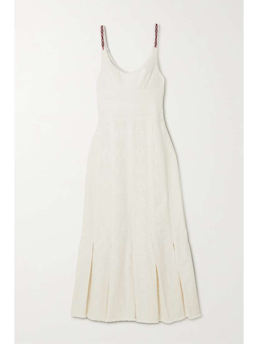 RUE MARISCAL Frayed Pleated Embroidered Cotton-voile Midi Dress