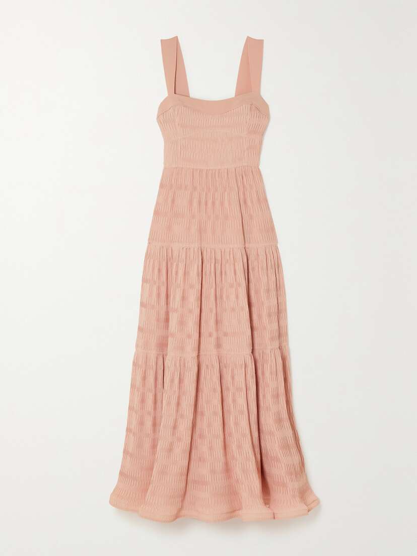 SIMKHAI Celleste Ruched Tiered Plissé-poplin Maxi Dress