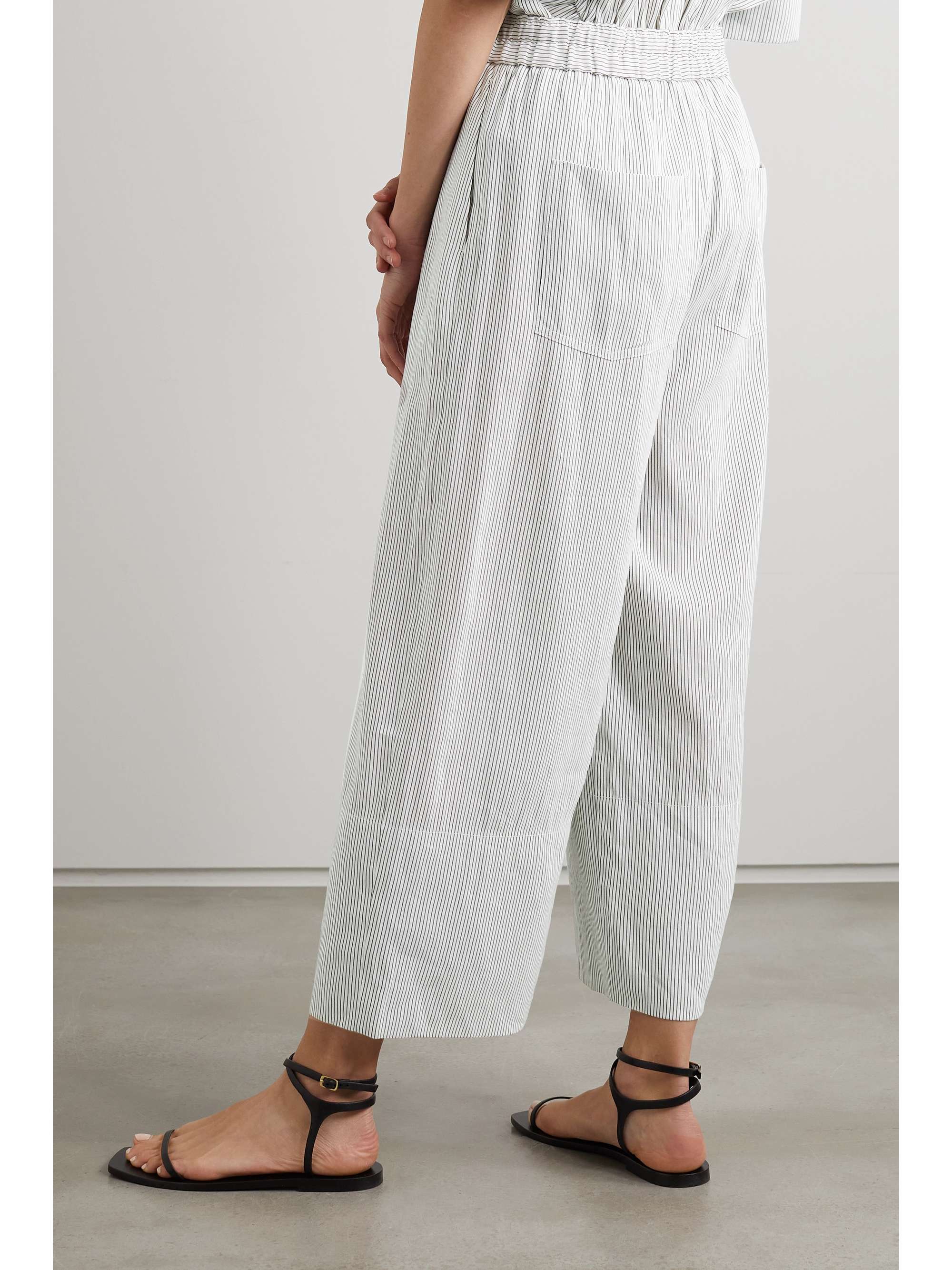 White Cropped striped linen-blend wide 