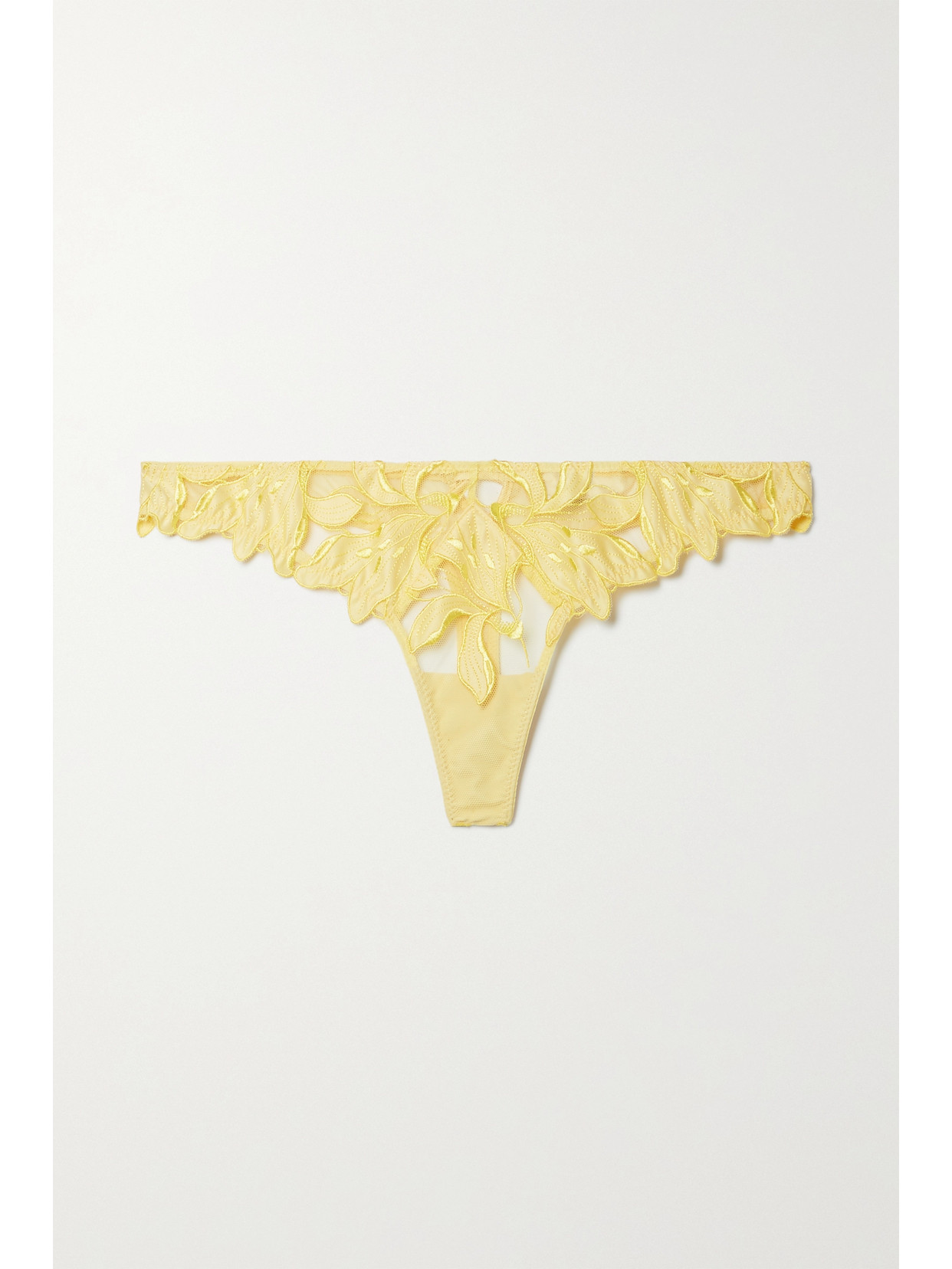 Fleur Du Mal Lily Satin-trimmed Embroidered Stretch-tulle Thong In Yellow