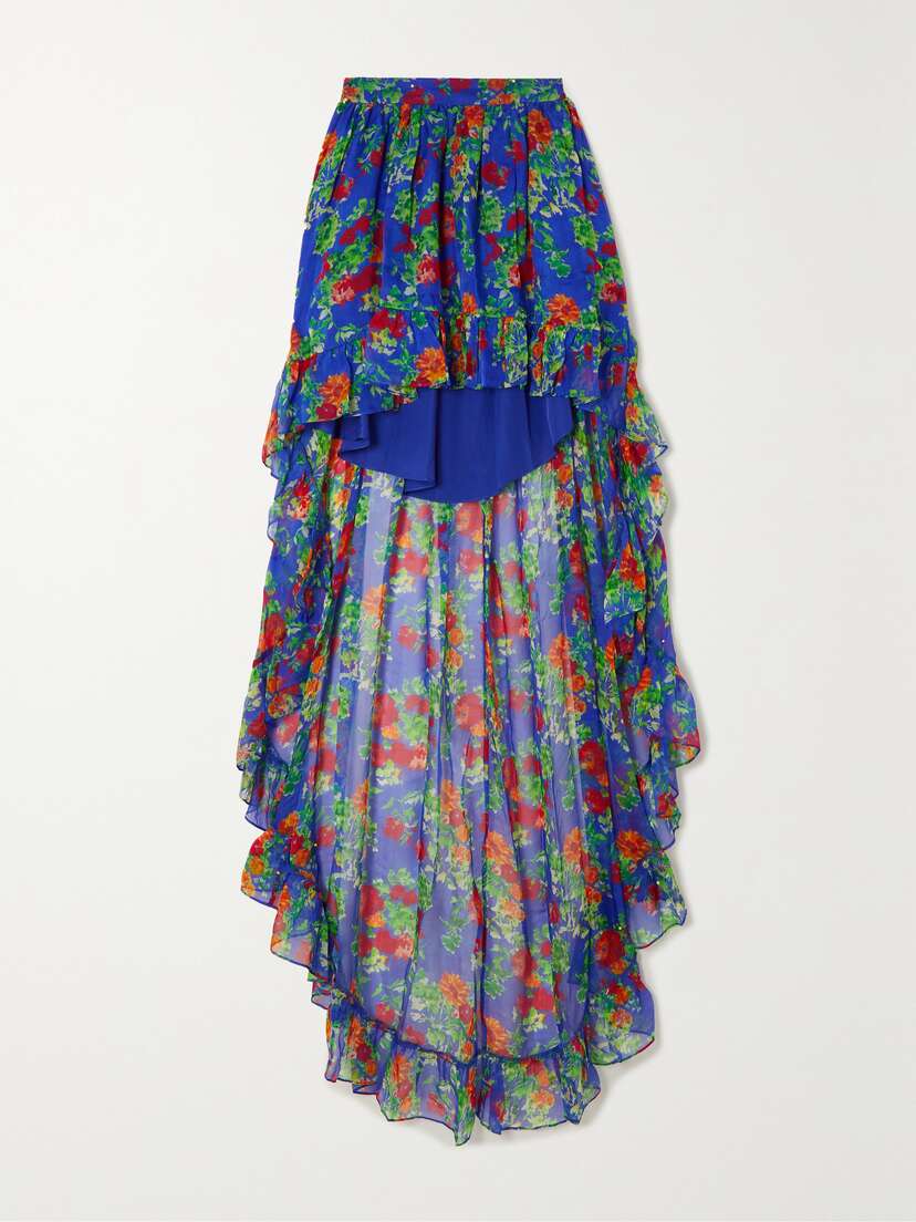 CAROLINE CONSTAS Della Asymmetric Ruffled Floral-print Silk-chiffon Maxi Skirt