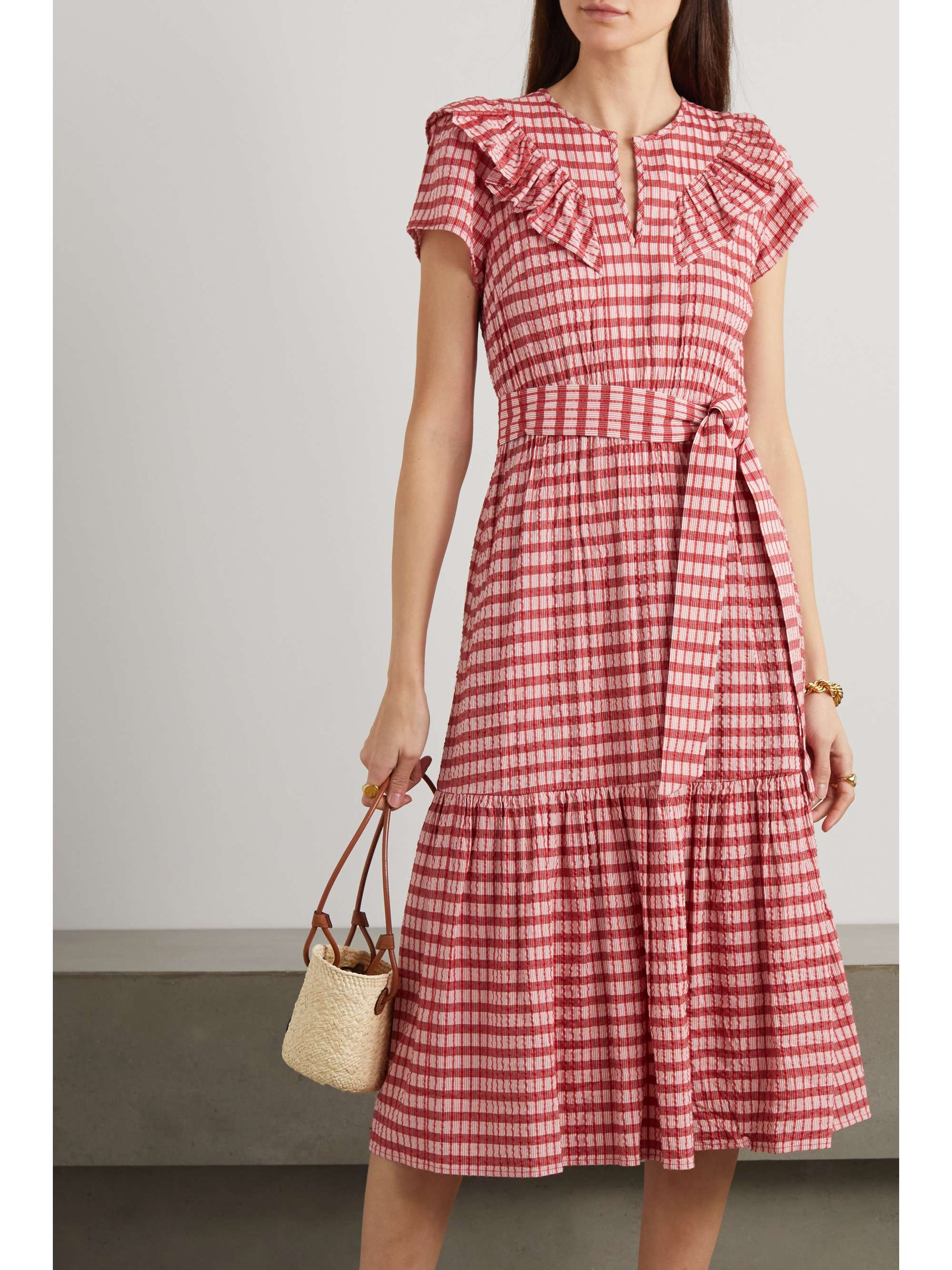 CEFINN Nessa belted ruffled checked organic cotton and LENZING ECOVERO-blend seersucker midi dress