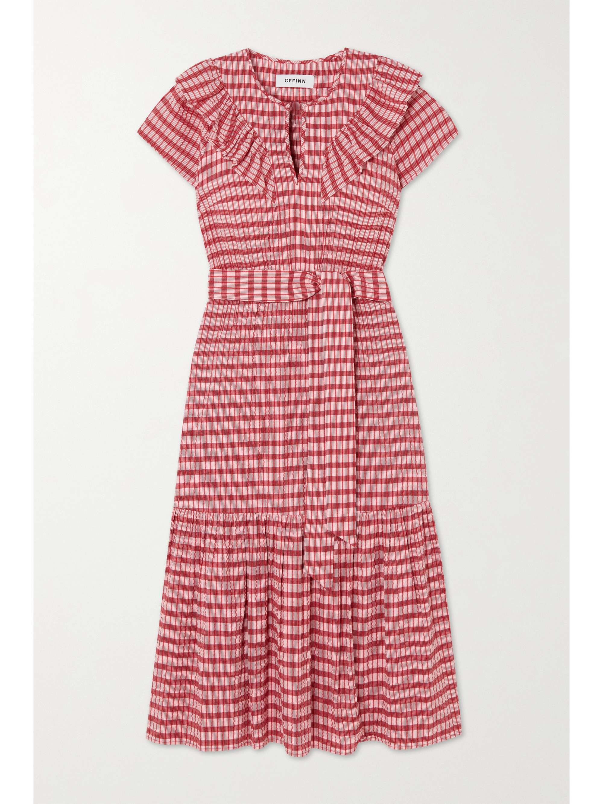 CEFINN Nessa belted ruffled checked organic cotton and LENZING ECOVERO-blend seersucker midi dress