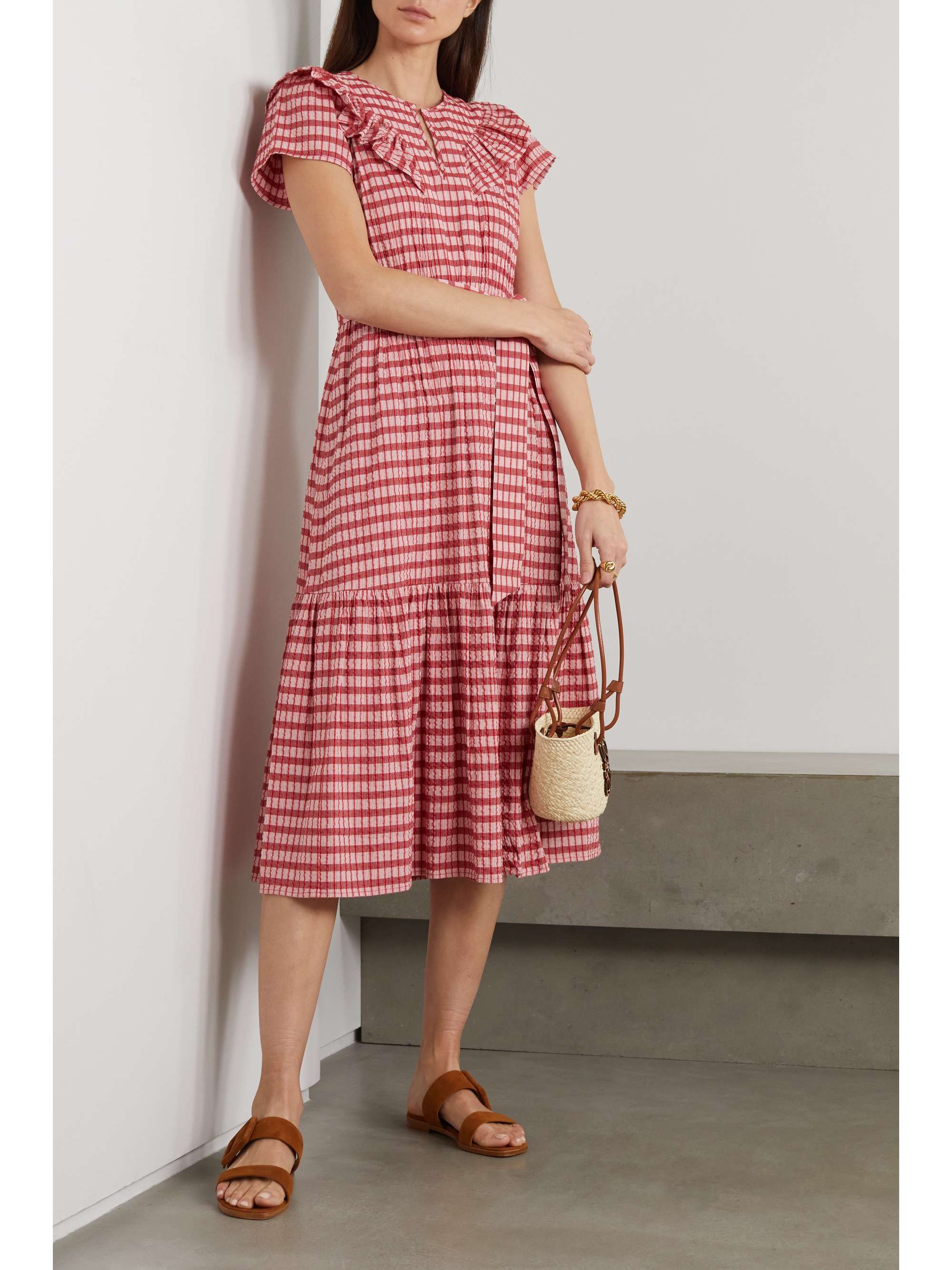 CEFINN Nessa belted ruffled checked organic cotton and LENZING ECOVERO-blend seersucker midi dress