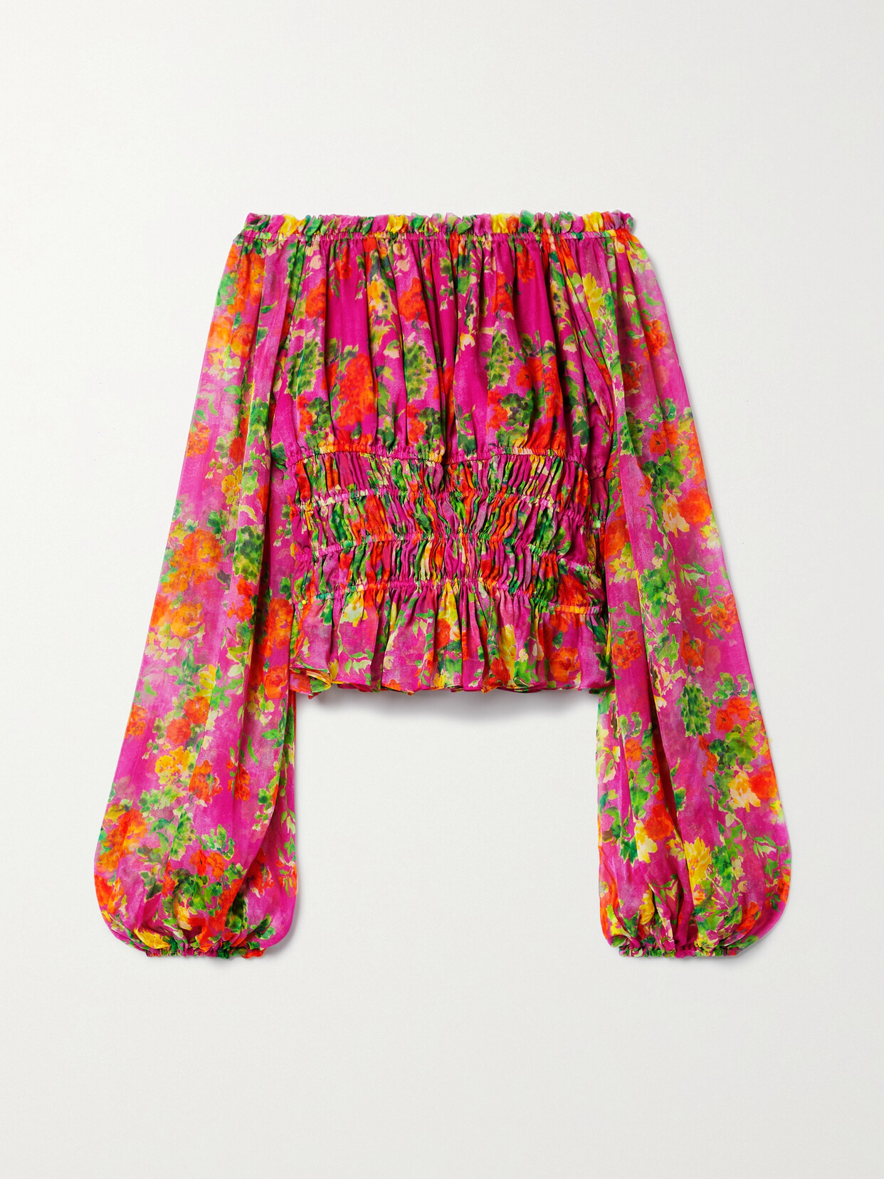 CAROLINE CONSTAS Sage Off-the-shoulder Smocked Printed Silk-chiffon Top