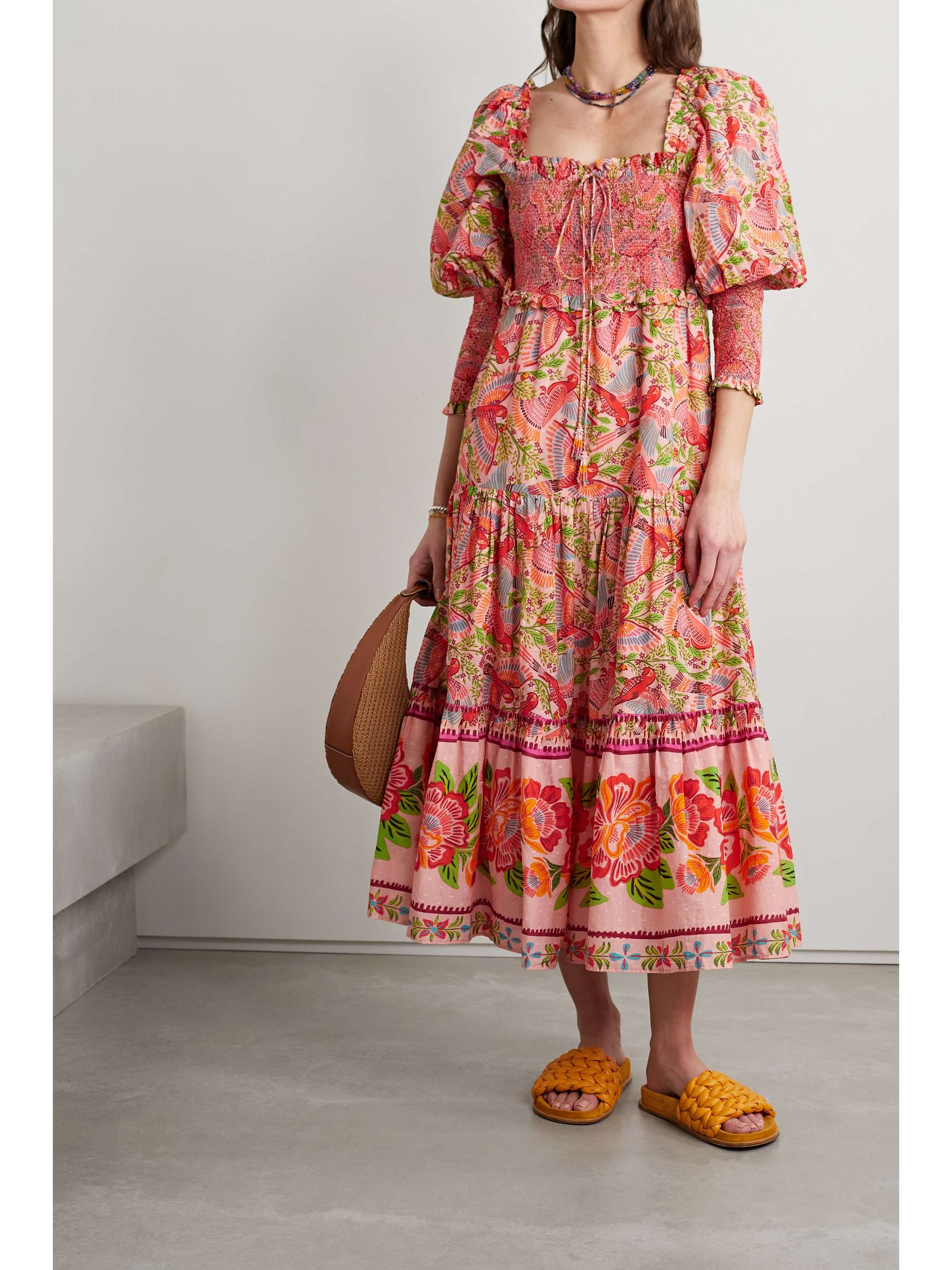 Orange Shirred tiered printed cotton 