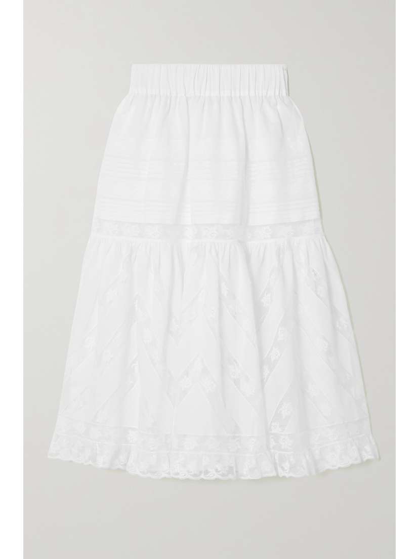 Loretta Caponi Lucy Tiered Lace-trimmed Cotton-voile Midi Skirt