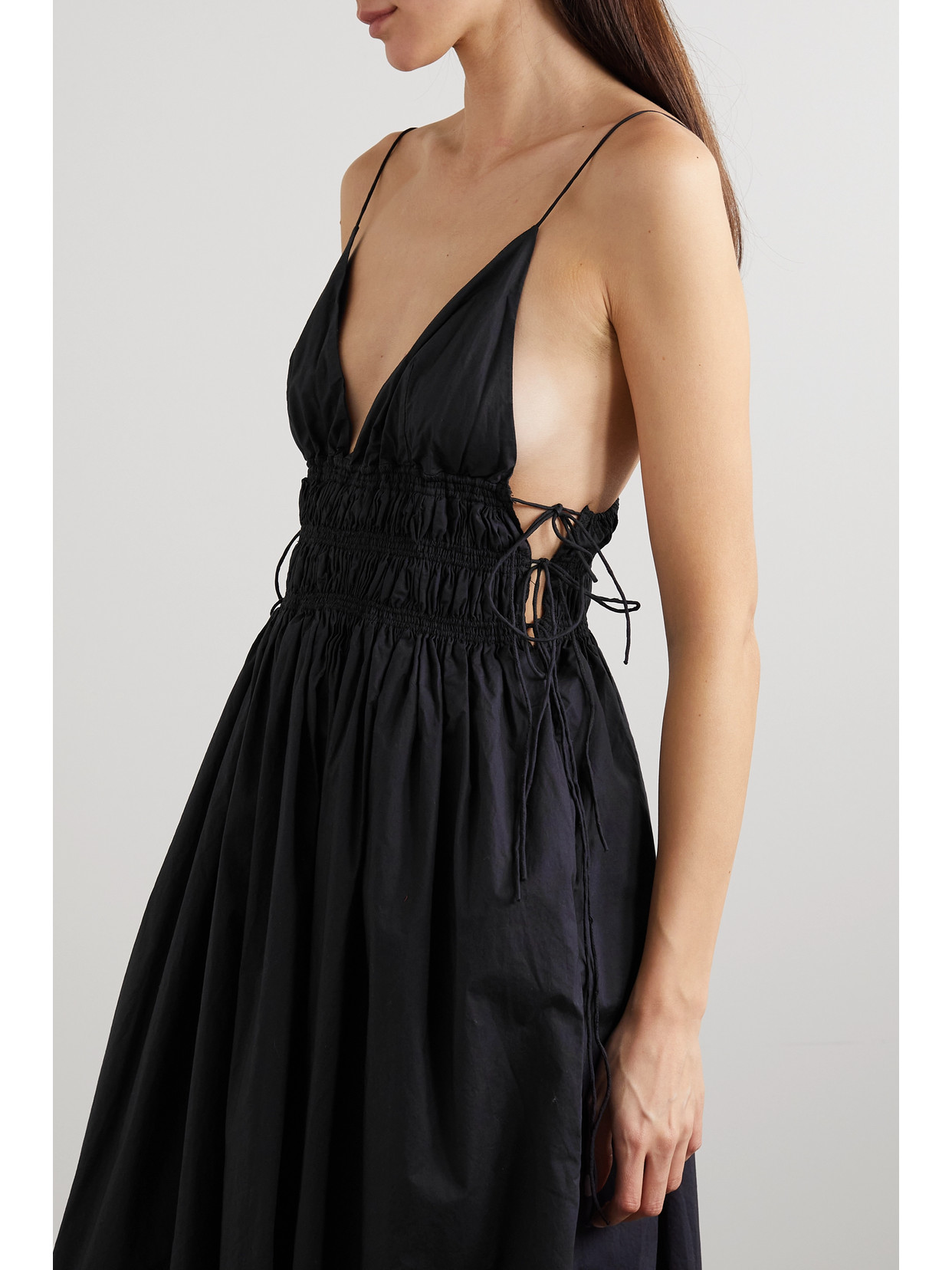 + Net Sustain Tie-detailed Shirred Organic Cotton-poplin Maxi Dress In Black