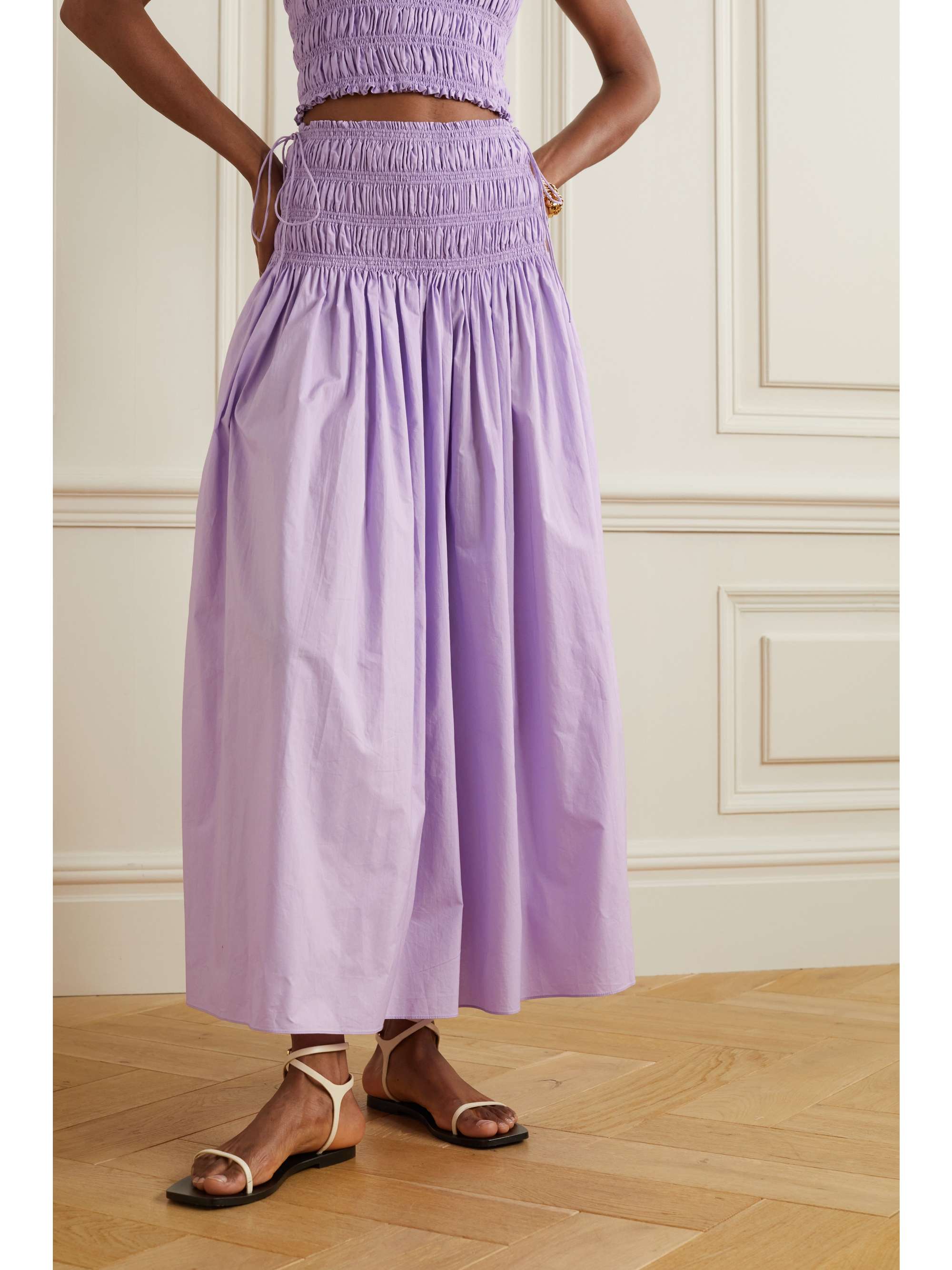 MATTEAU + NET SUSTAIN shirred organic cotton-poplin midi skirt