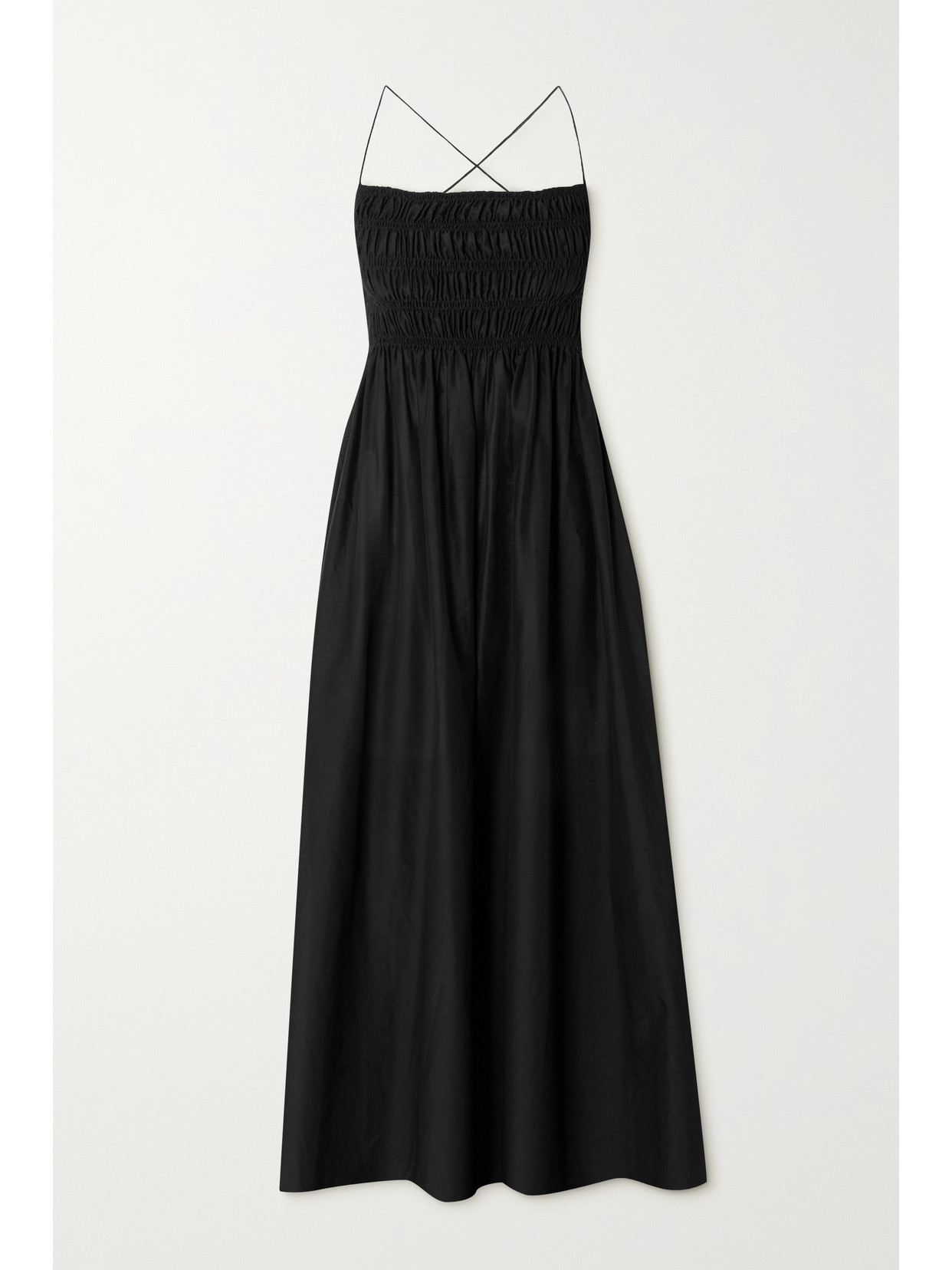 Matteau Shirred Organic Cotton And Silk-blend Midi Dress In Black