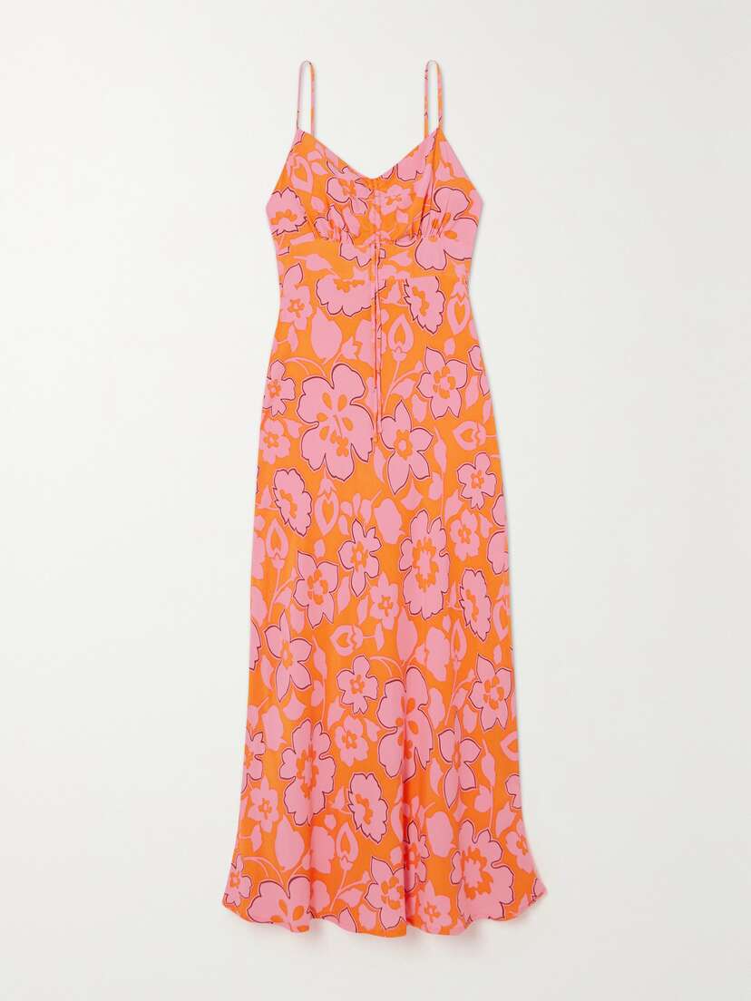 Faithfull Shayna Ruched Floral-print Crepe De Chine Midi Dress - xx large