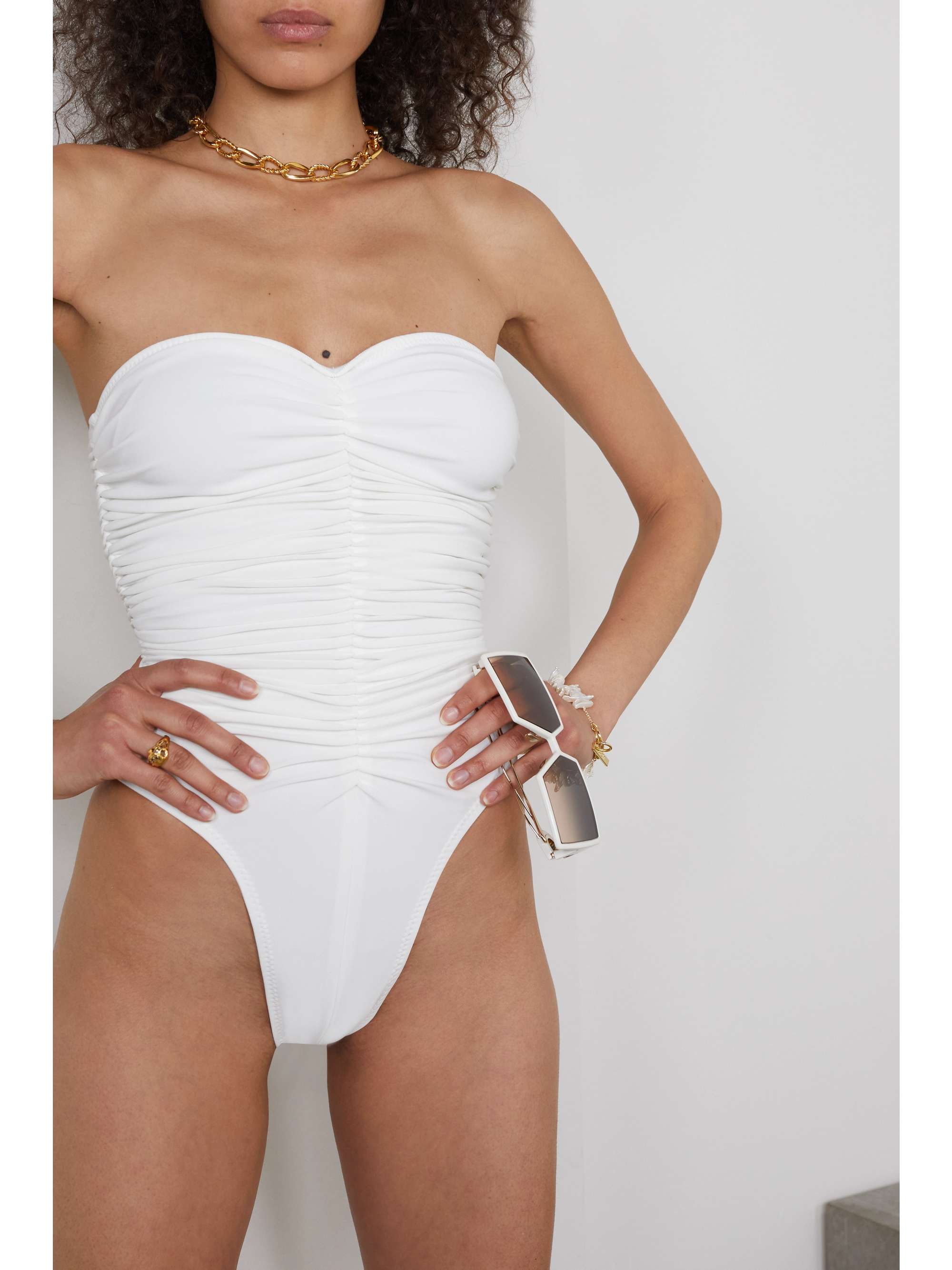 black strapless ruched swimsuit