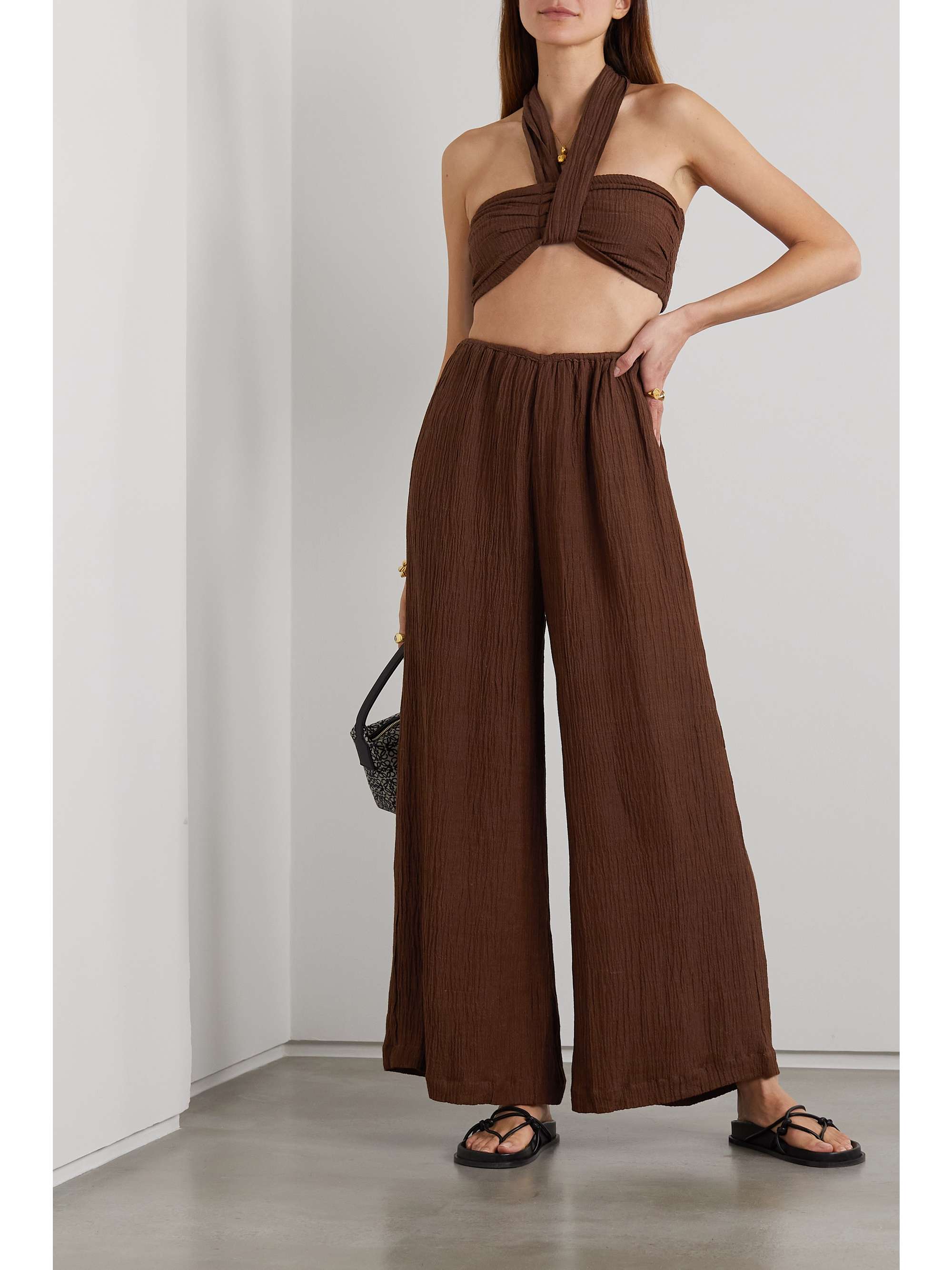 Brown Rupina crinkled linen-blend wide 