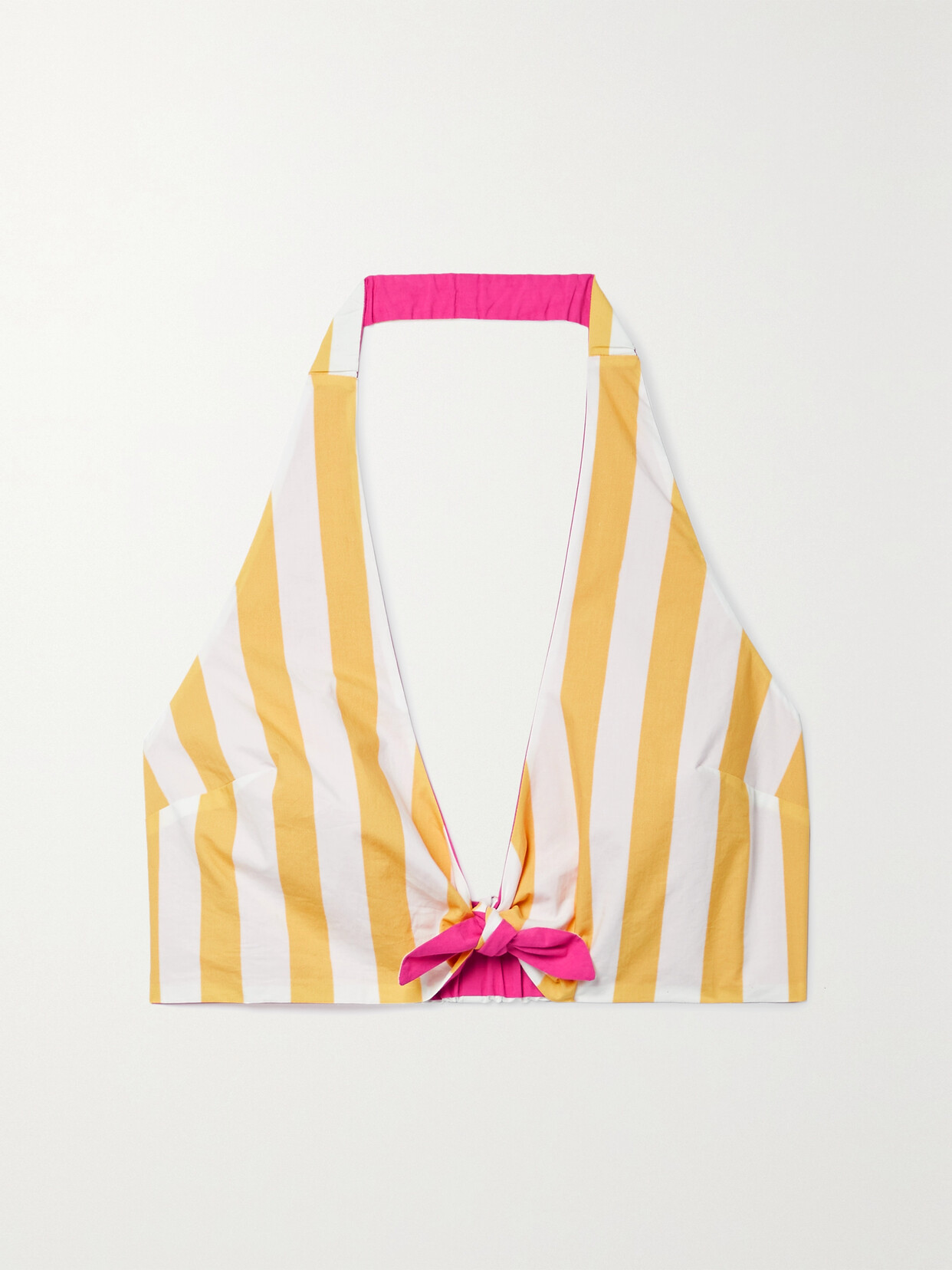 FARM RIO CROPPED STRIPED COTTON-POPLIN HALTERNECK TOP