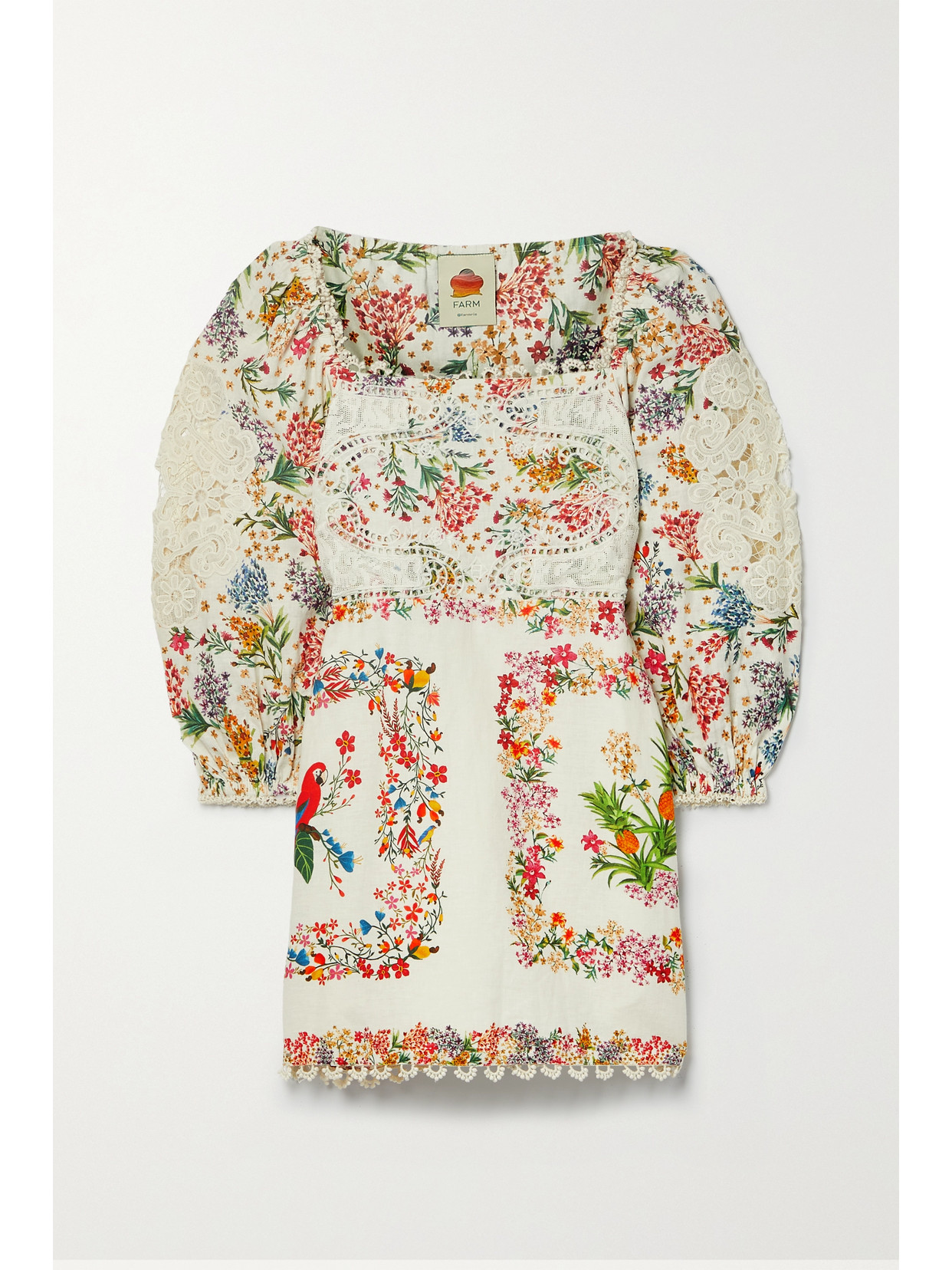 Farm Rio - Guipure Lace-trimmed Floral-print Linen-blend Voile Mini Dress - White 22 Awaiting product image