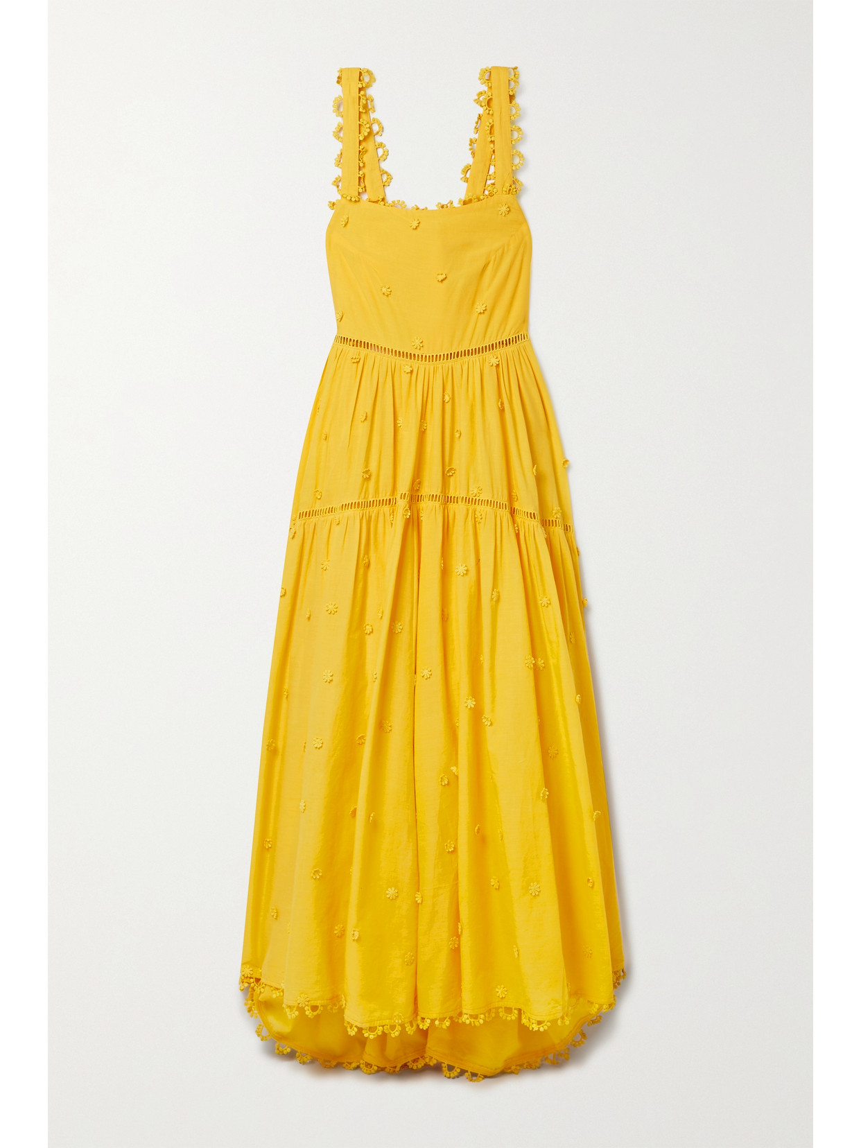 Farm Rio Open-back Appliquéd Crochet-trimmed Cotton-voile Maxi Dress In Yellow