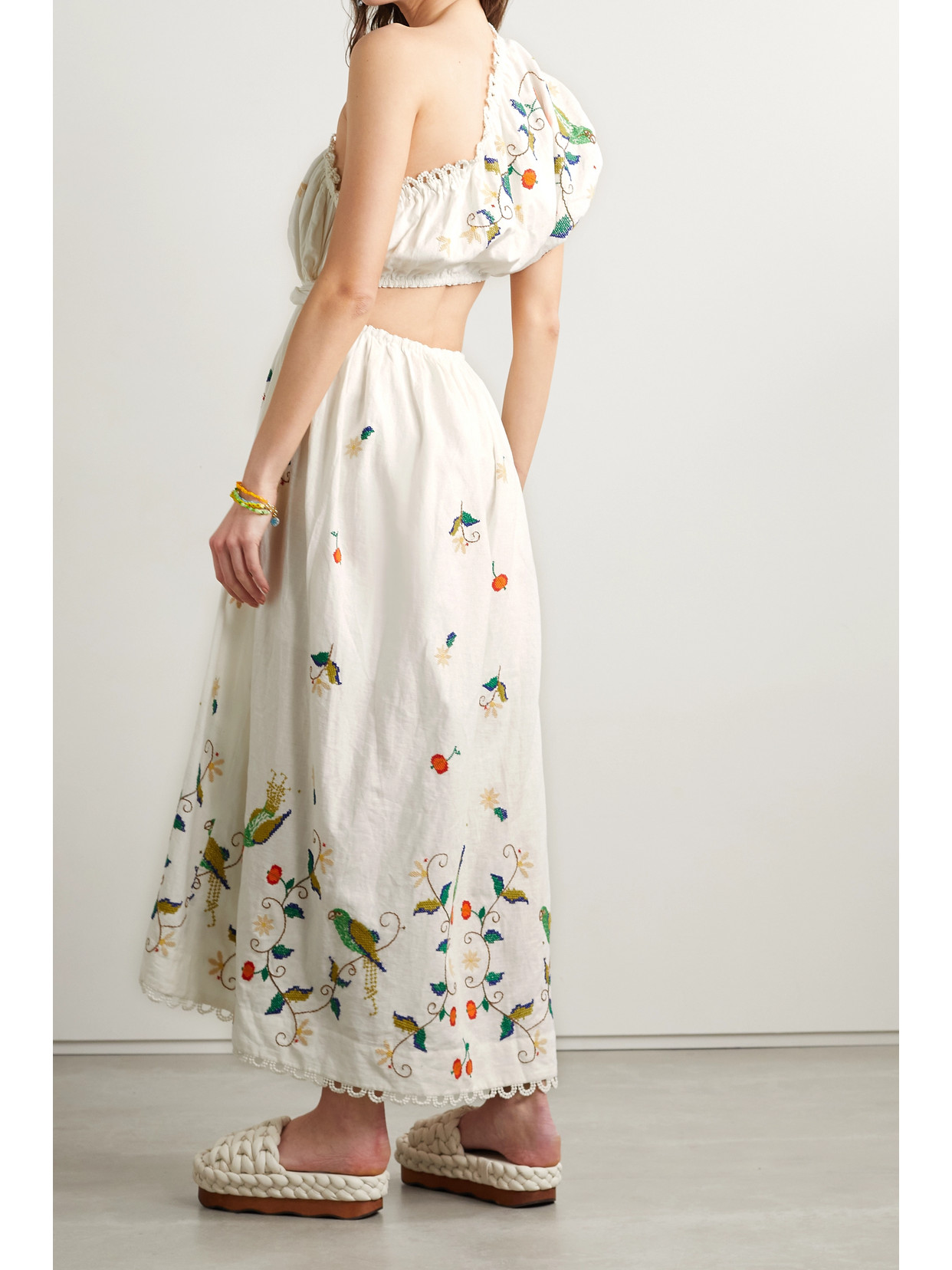 Farm Rio Embroidered One Shoulder Cutout Detail Linen Blend Dress In