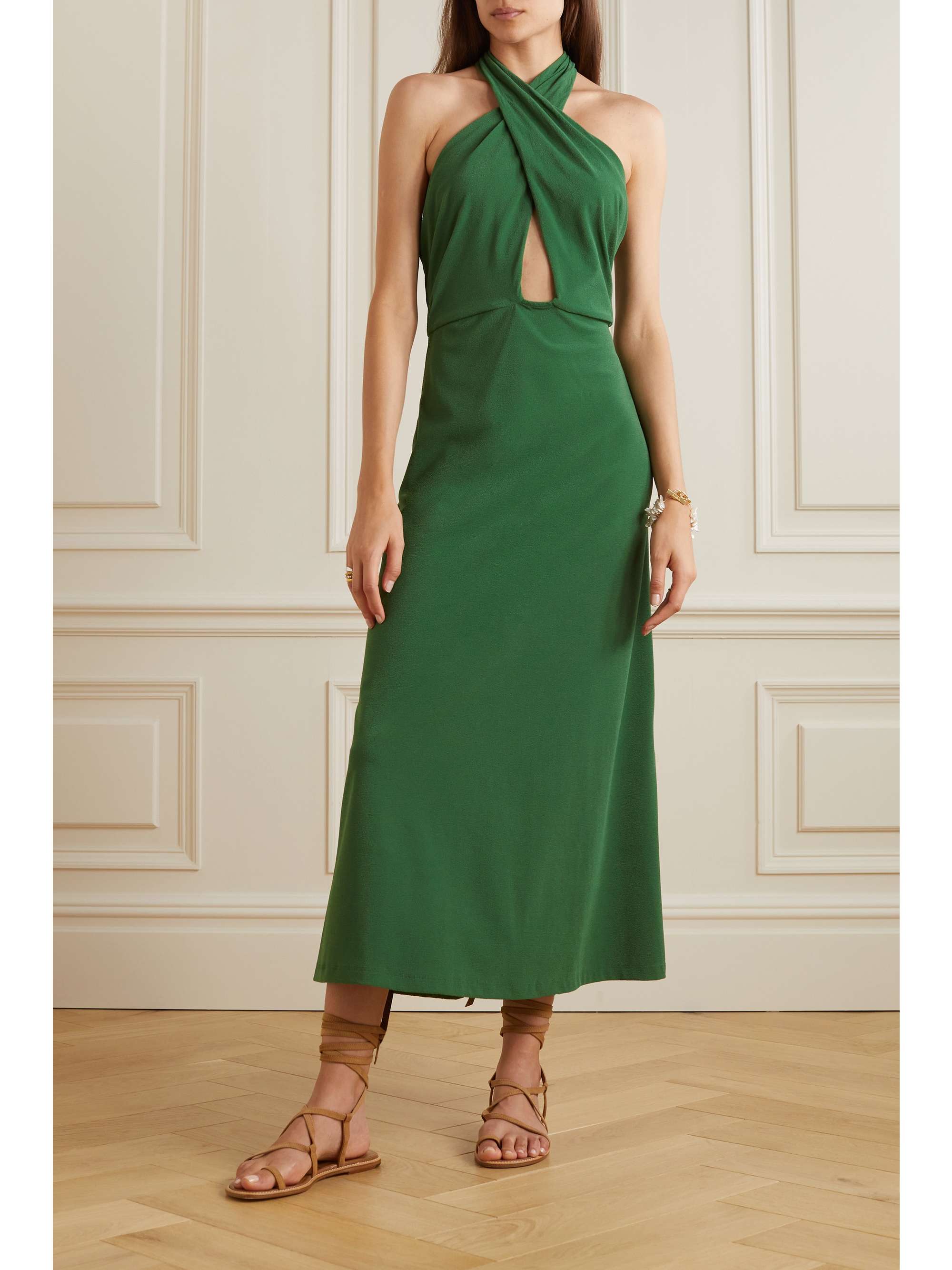 JOHANNA ORTIZ Lagoon Affair belted embroidered stretch-recycled crepe halterneck dress