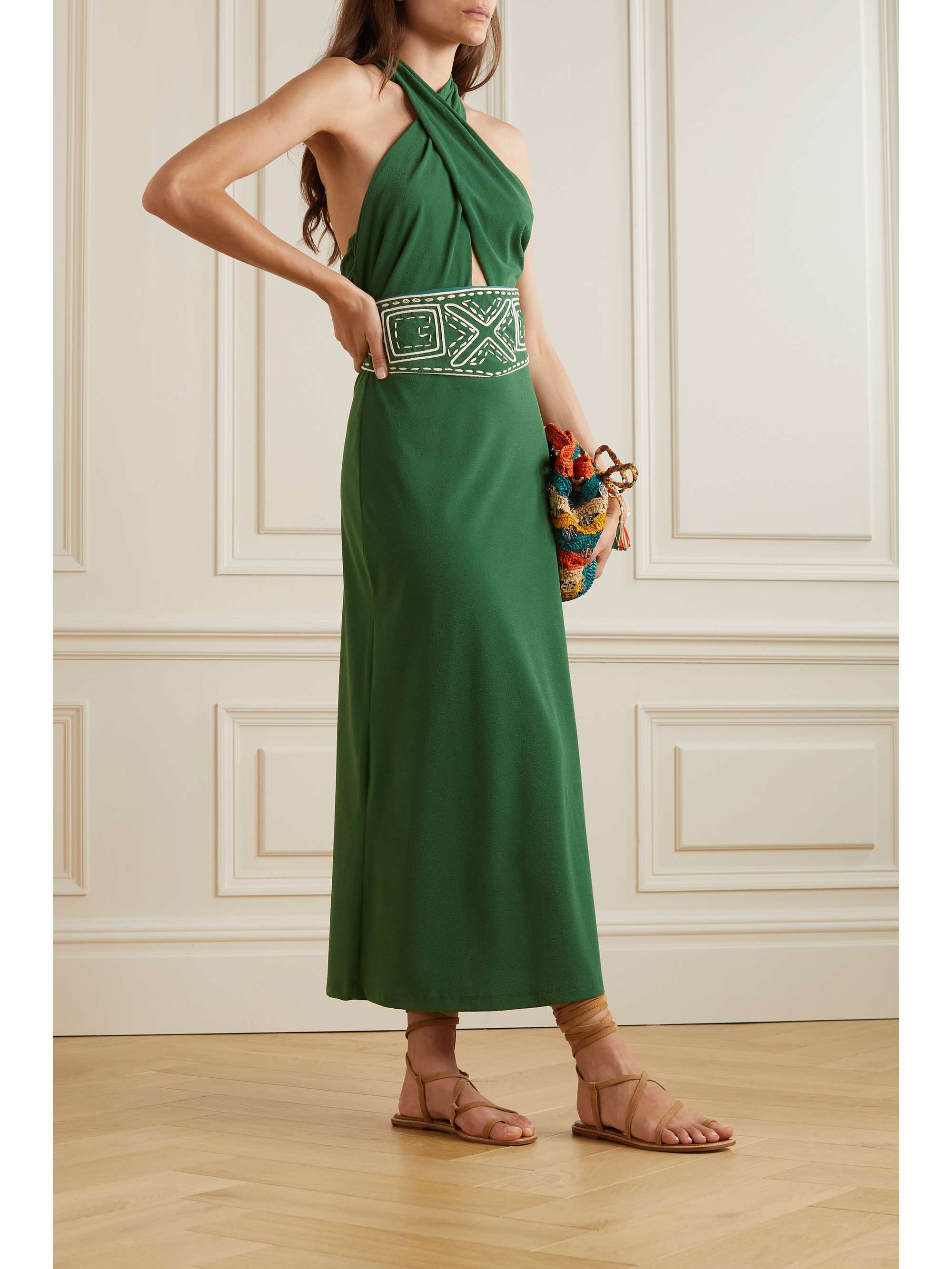 JOHANNA ORTIZ Lagoon Affair belted embroidered stretch-recycled crepe halterneck dress