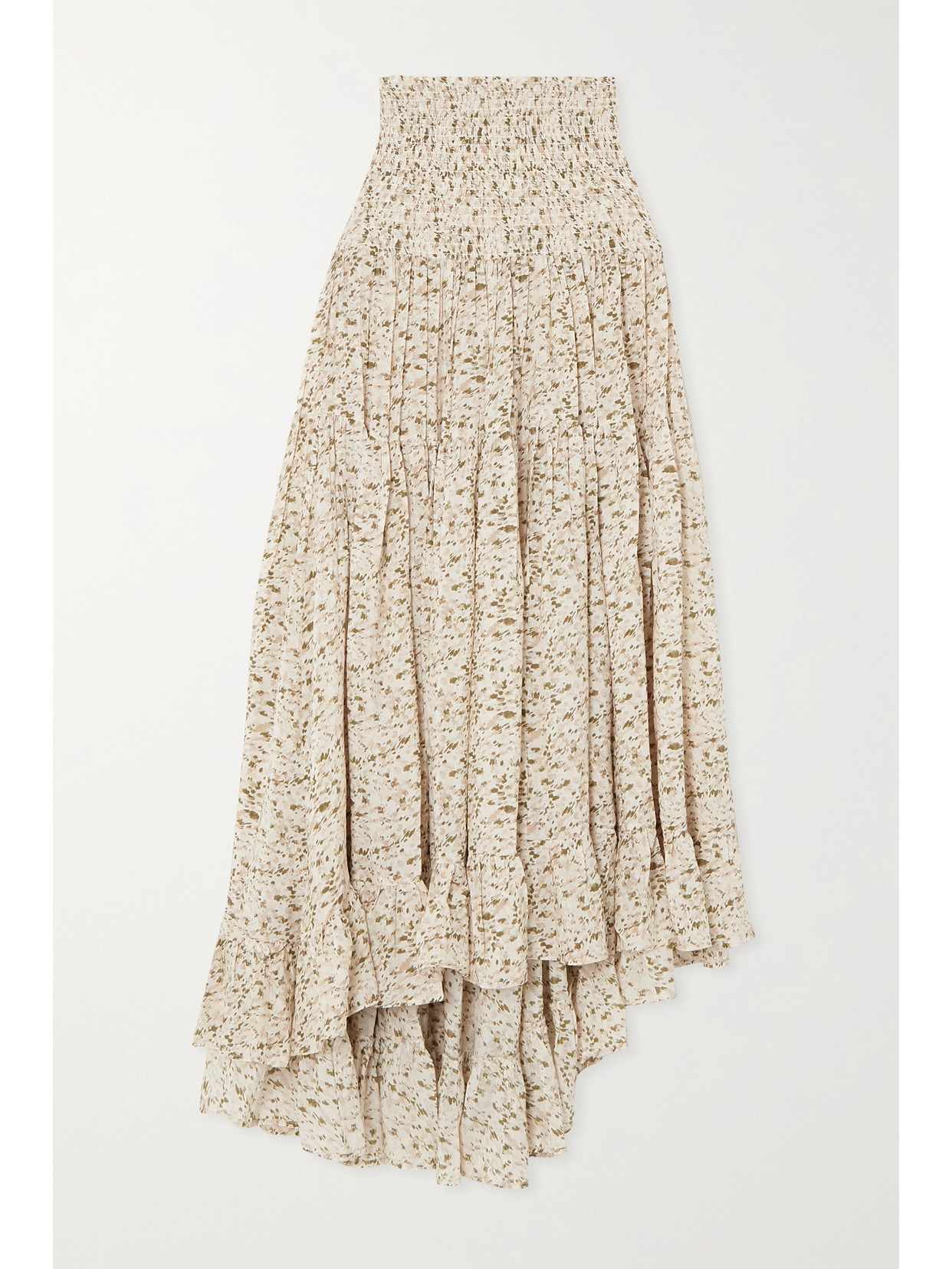 EVARAE + NET SUSTAIN LORA ASYMMETRIC SHIRRED RUFFLED ORGANIC SILK MAXI SKIRT