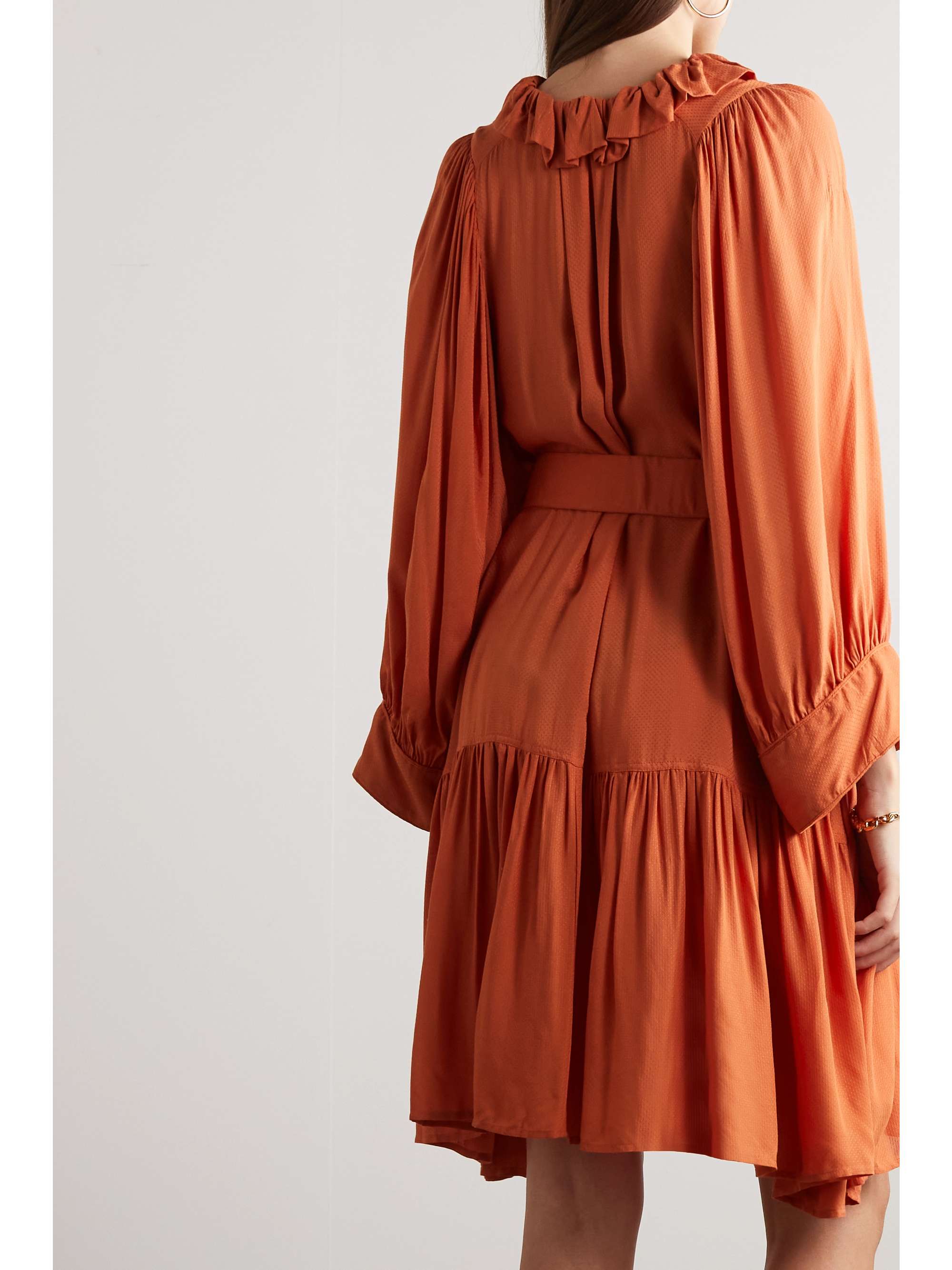 EVARAE + NET SUSTAIN Marais belted ruffled swiss-dot TENCEL Lyocell mini dress