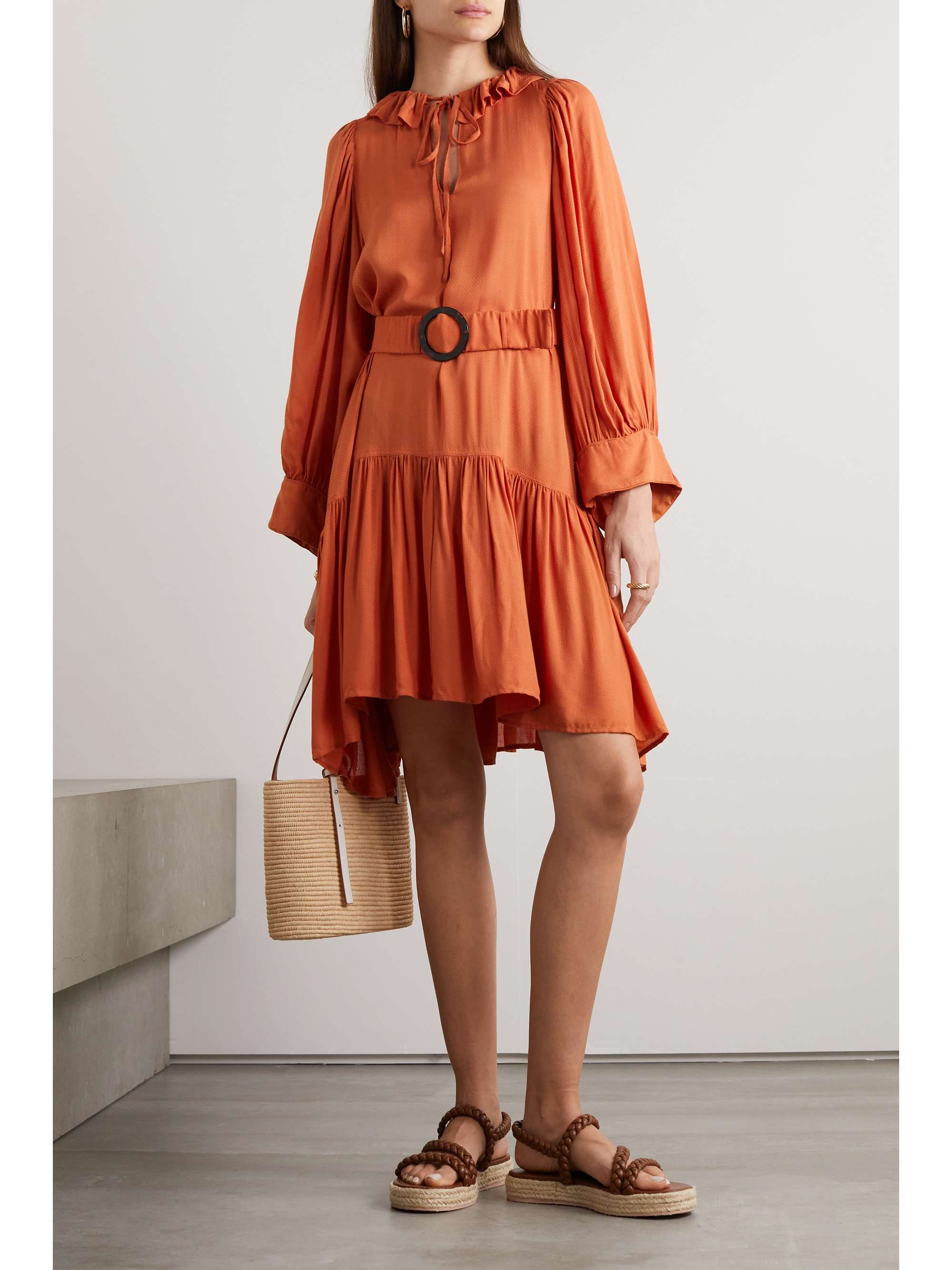 EVARAE + NET SUSTAIN Marais belted ruffled swiss-dot TENCEL Lyocell mini dress