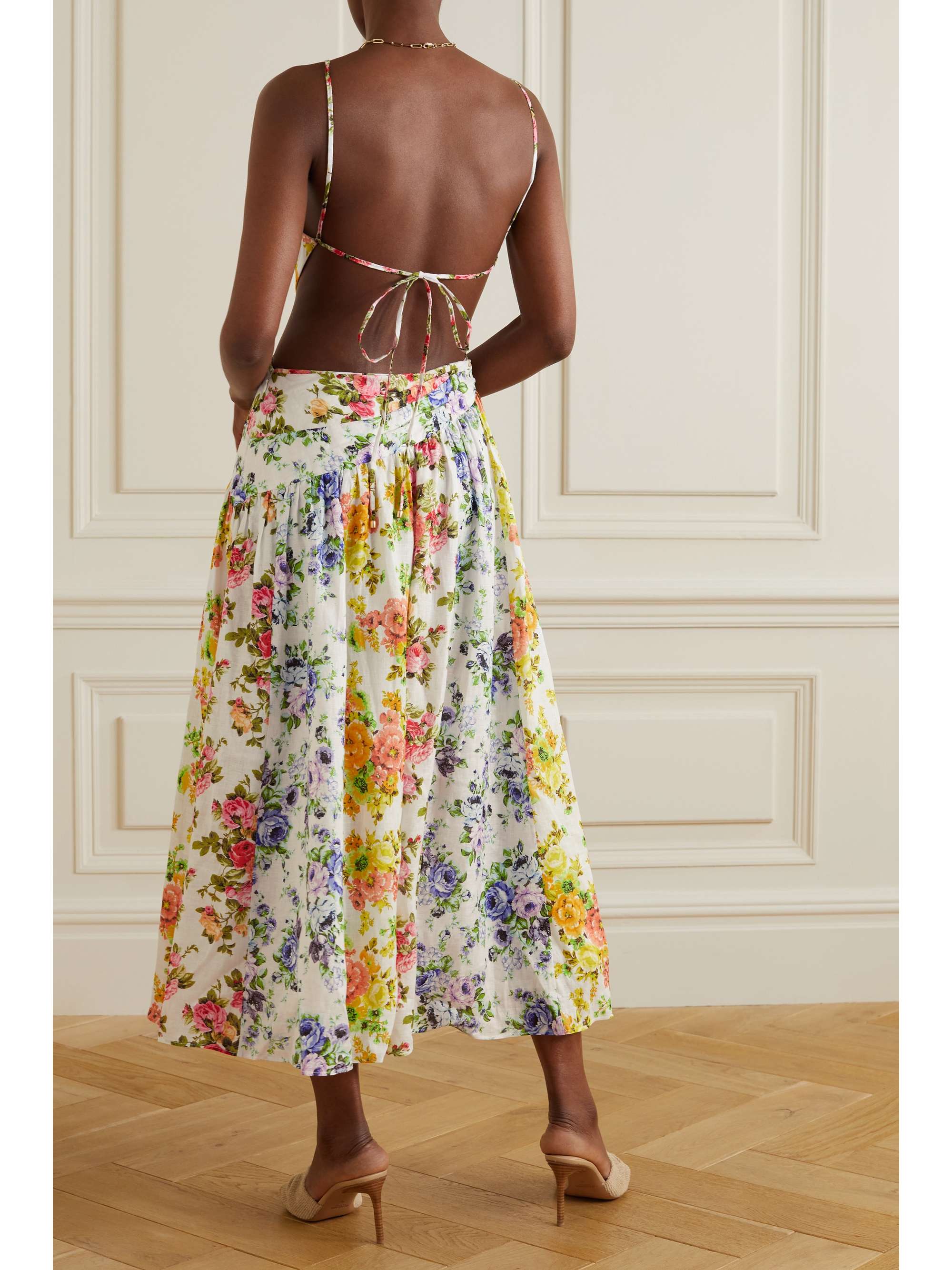 ZIMMERMANN + NET SUSTAIN asymmetric open-back floral-print organic linen midi dress