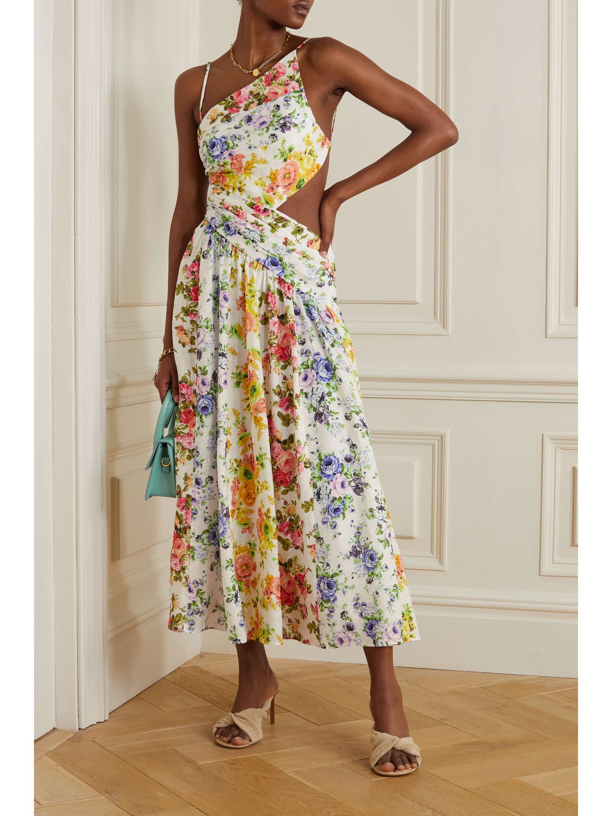 ZIMMERMANN + NET SUSTAIN asymmetric open-back floral-print organic linen midi dress