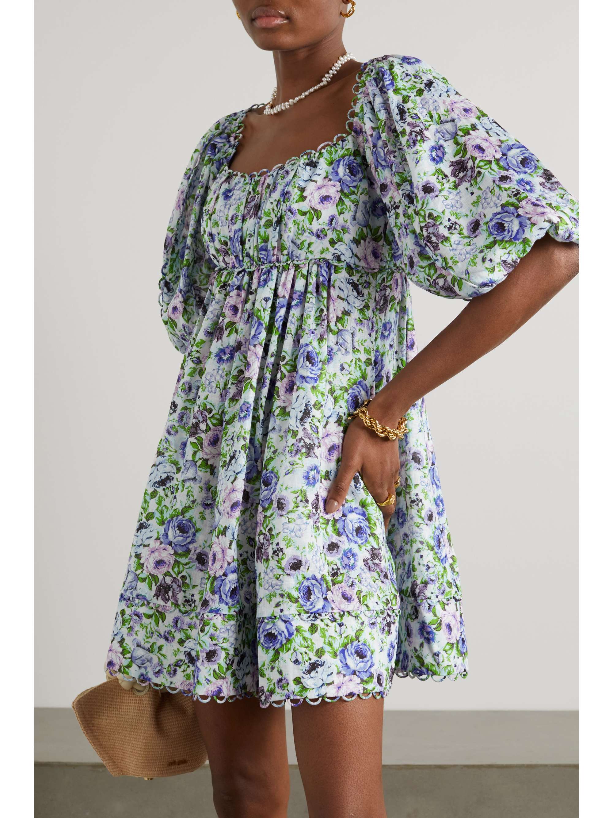 ZIMMERMANN + NET SUSTAIN scalloped pleated floral-print organic linen mini dress