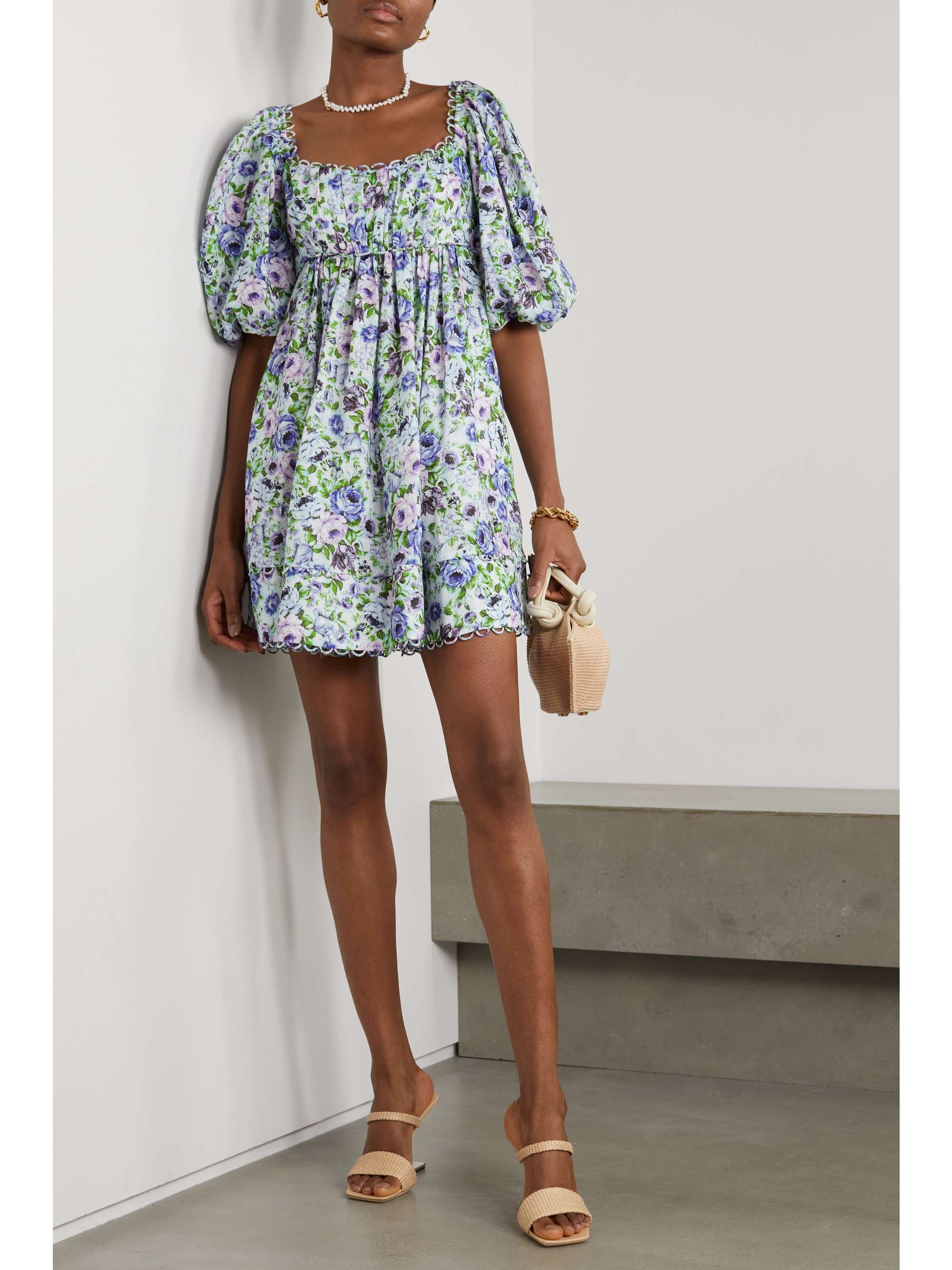 ZIMMERMANN + NET SUSTAIN scalloped pleated floral-print organic linen mini  dress | NET-A-PORTER