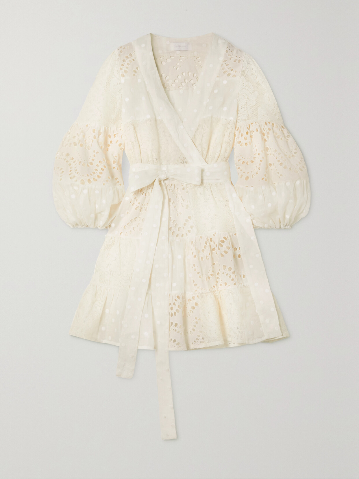 Zimmermann - + Net Sustain Tiered Embroidered Cotton-voile, Broderie Anglaise And Lace Mini Wrap Dress - Cream 22 Awaiting product image