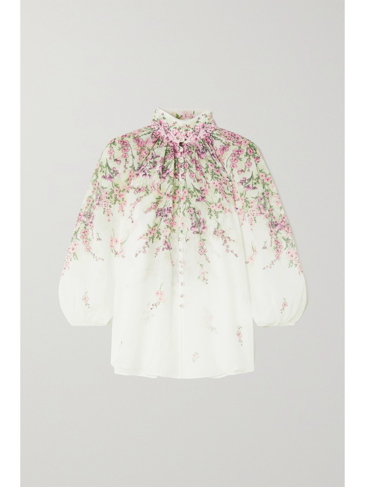 ZIMMERMANN JUDE GATHERED FLORAL-PRINT RAMIE-GAUZE BLOUSE