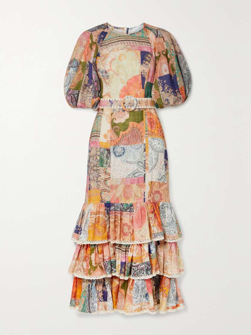 Zimmermann Anneke Belted Tiered Crochet-trimmed Printed Linen Maxi Dress