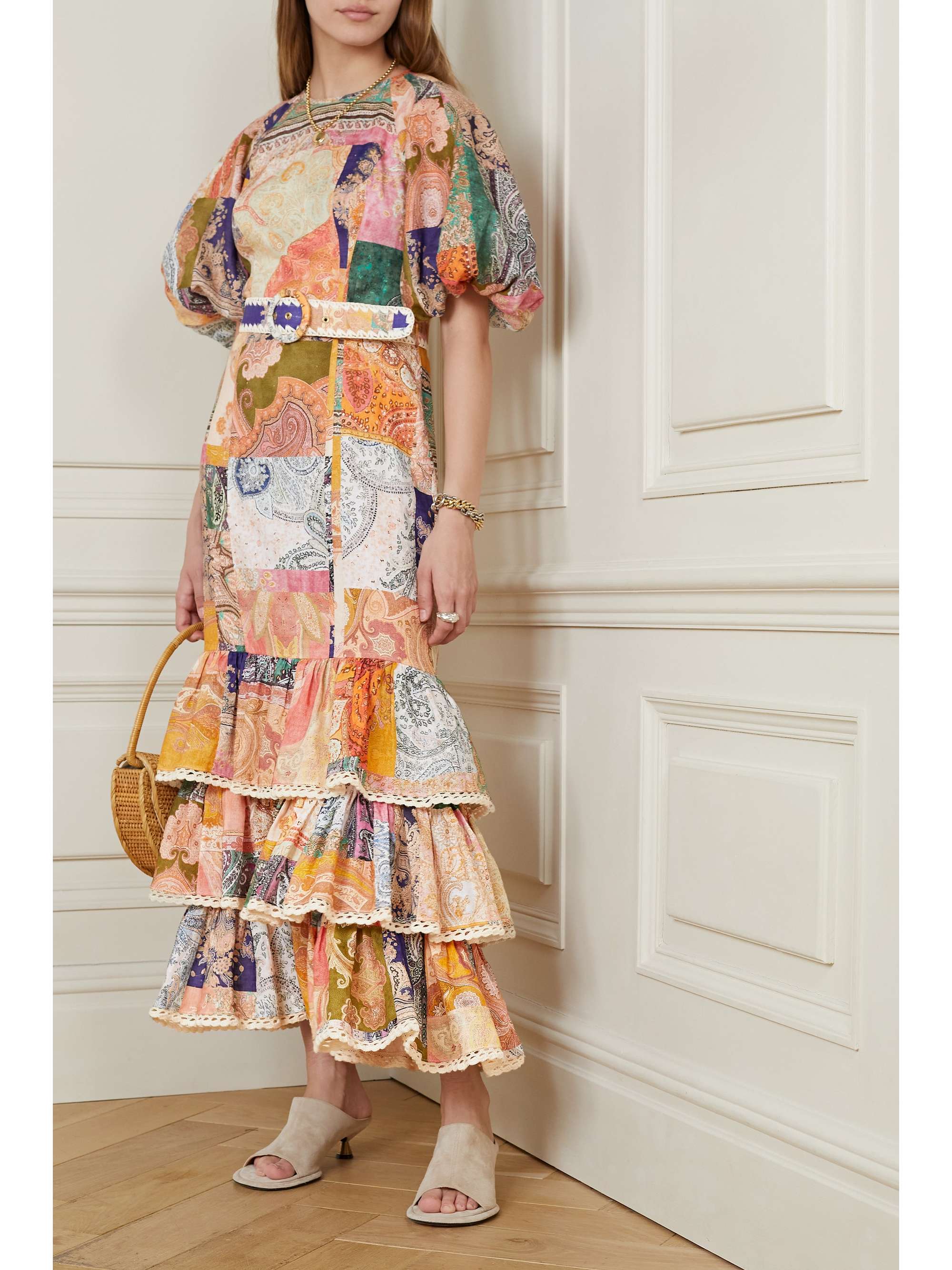 Anneke belted tiered crochet-trimmed 