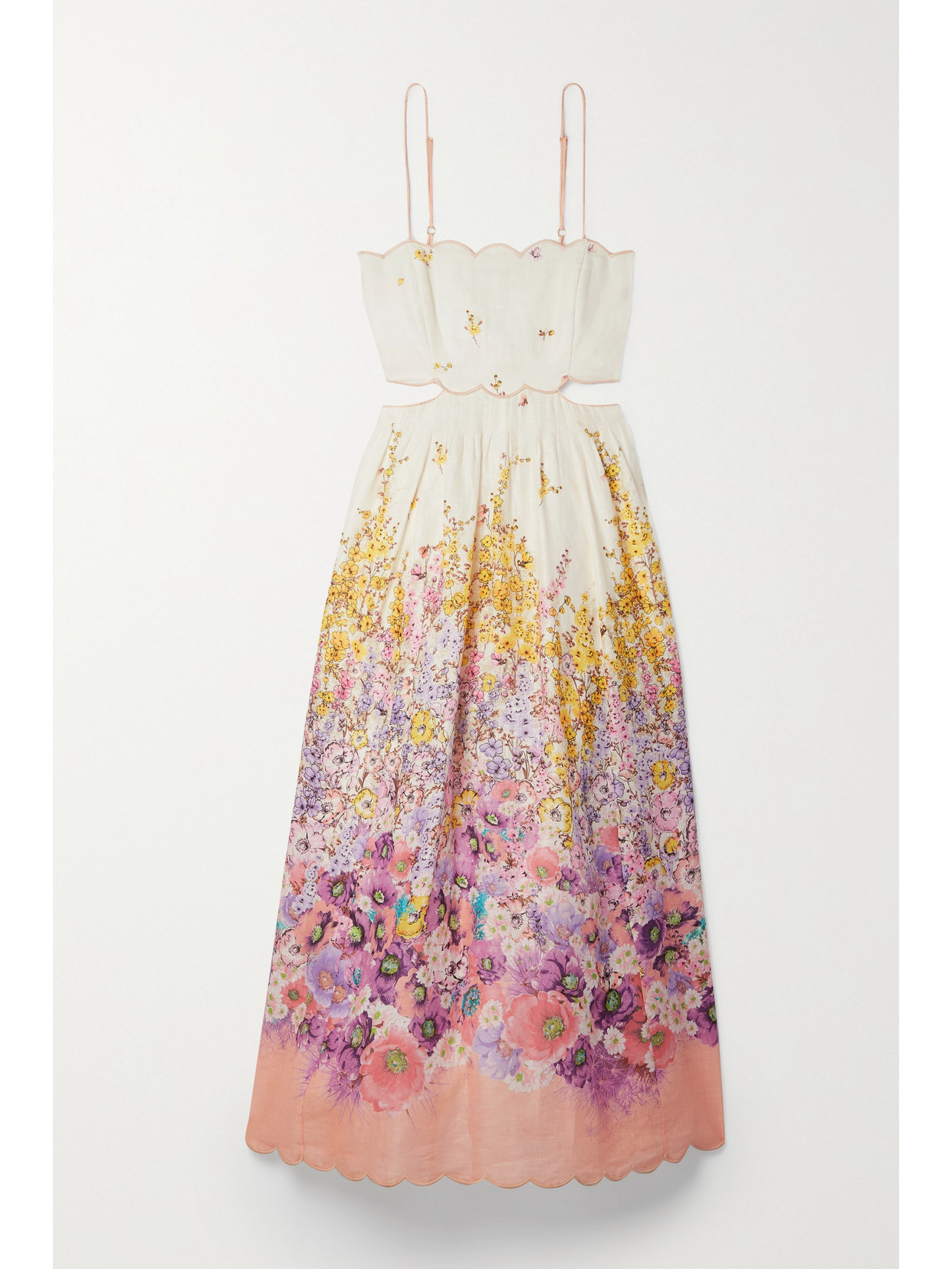 Zimmermann Jude Lace-up Cutout Scalloped Floral-print Linen Midi Dress In Orange