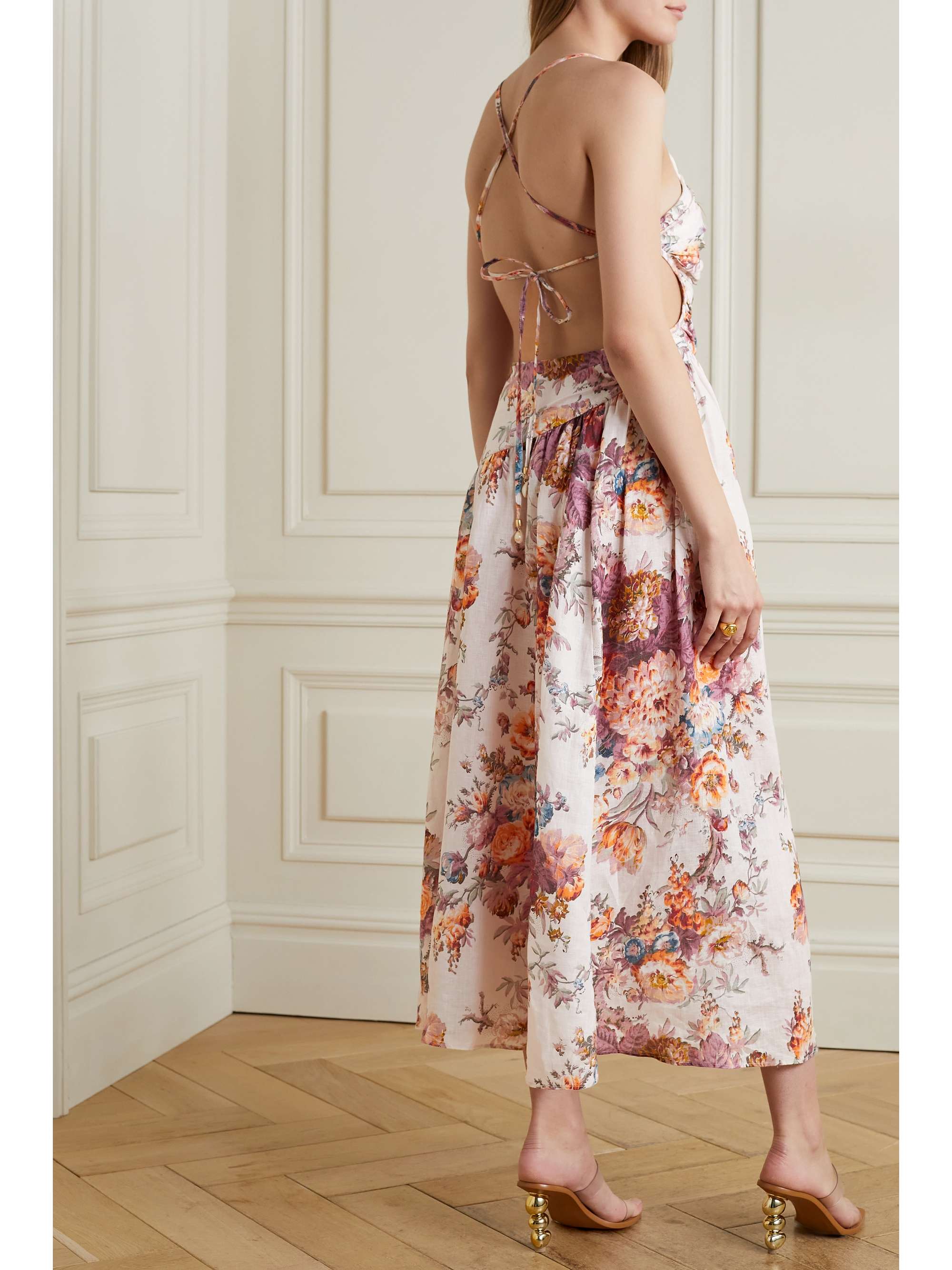 ZIMMERMANN Pattie cutout open-back floral-print linen midi dress