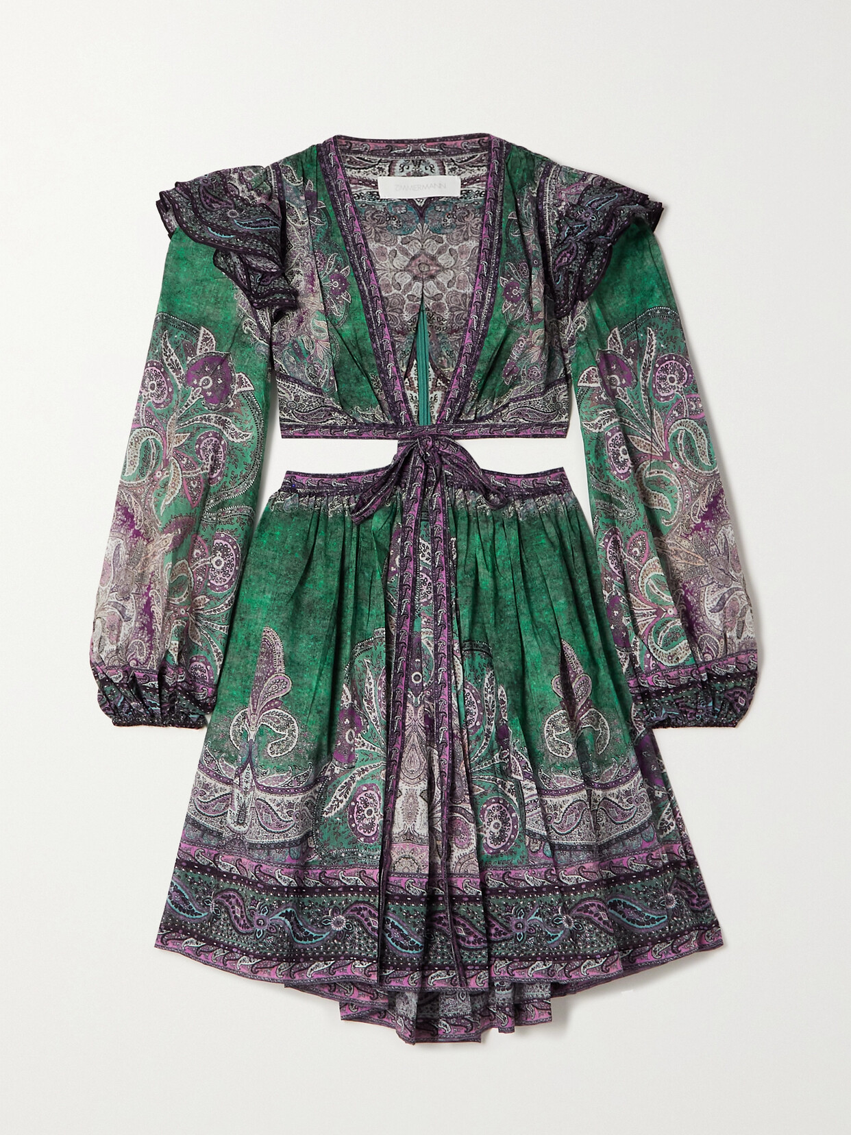 Zimmermann Anneke Cutout Ruffled Paisley-print Cotton-voile Mini Dress In Blue